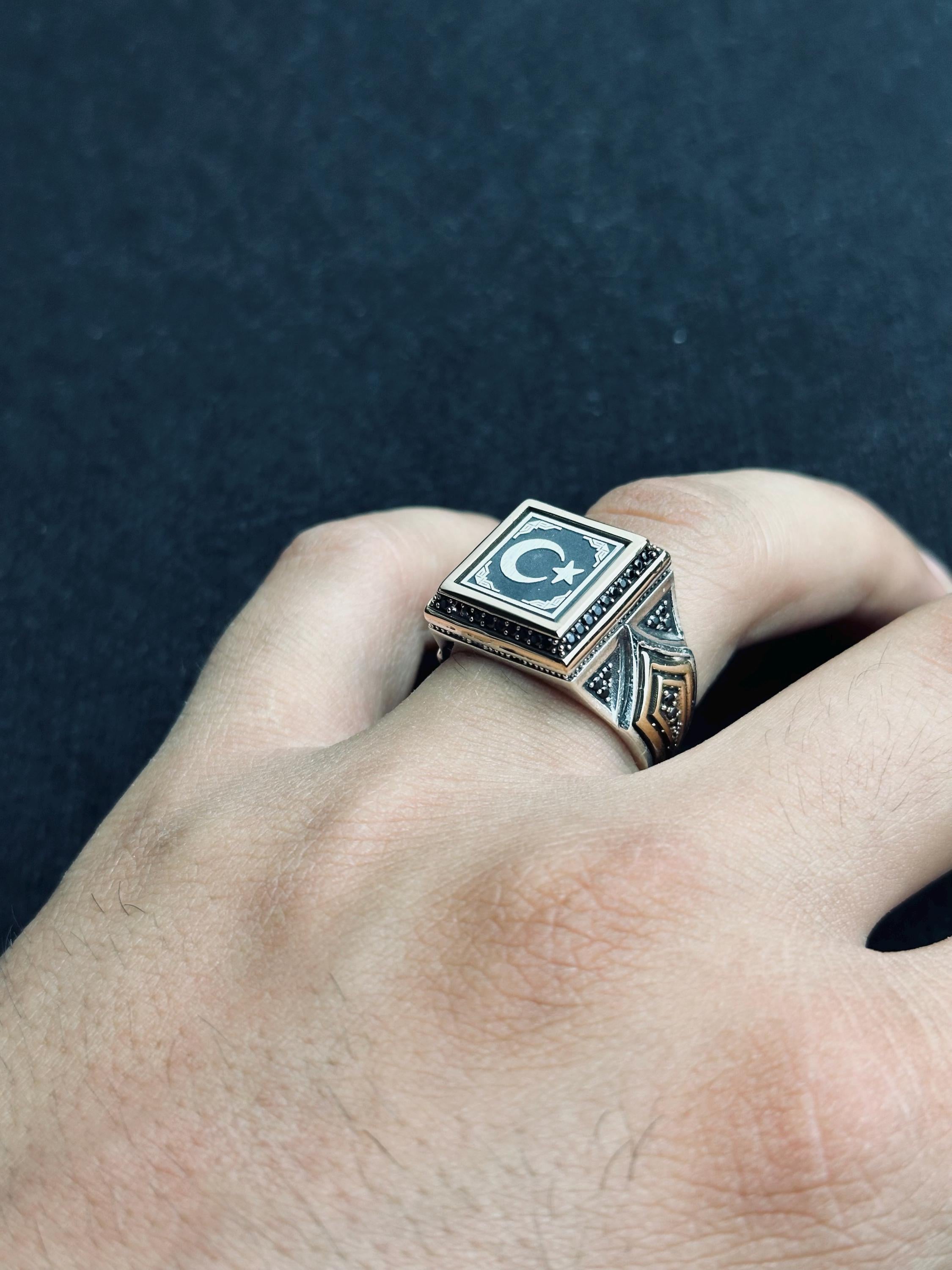Square Signet Ring: Moon and Star Design (Sterling Silver Handmade)