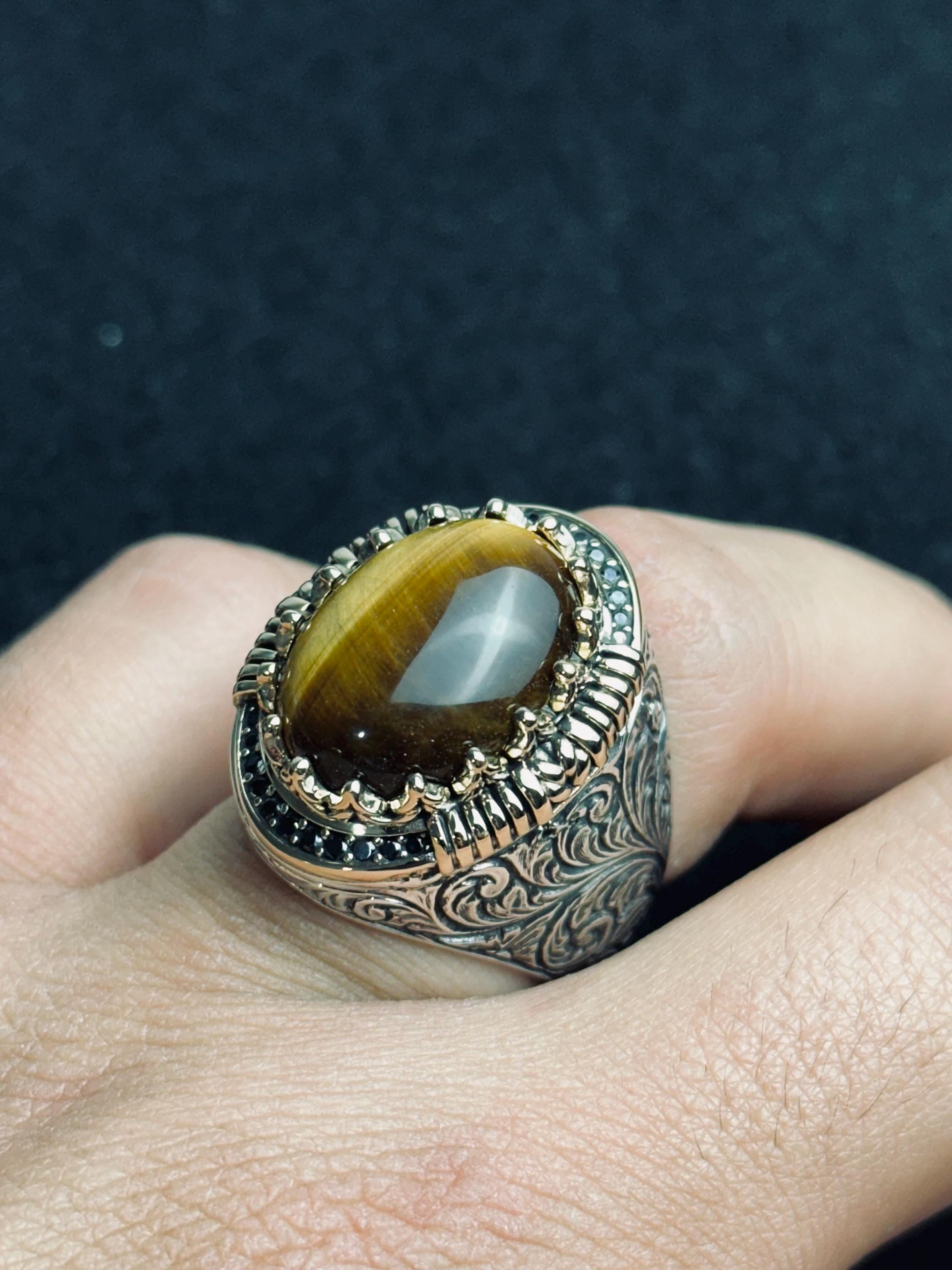 Tiger's Eye Ring for Men: Handmade Sterling Silver Statement Jewelry