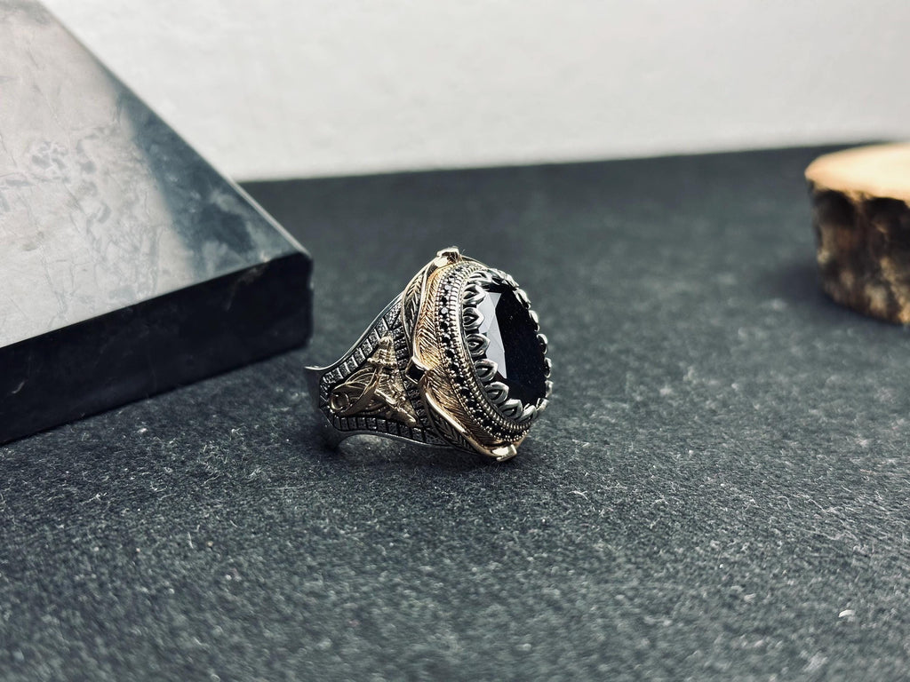 Black Zircon Men’s Ring - Unique Handmade Turkish Silver