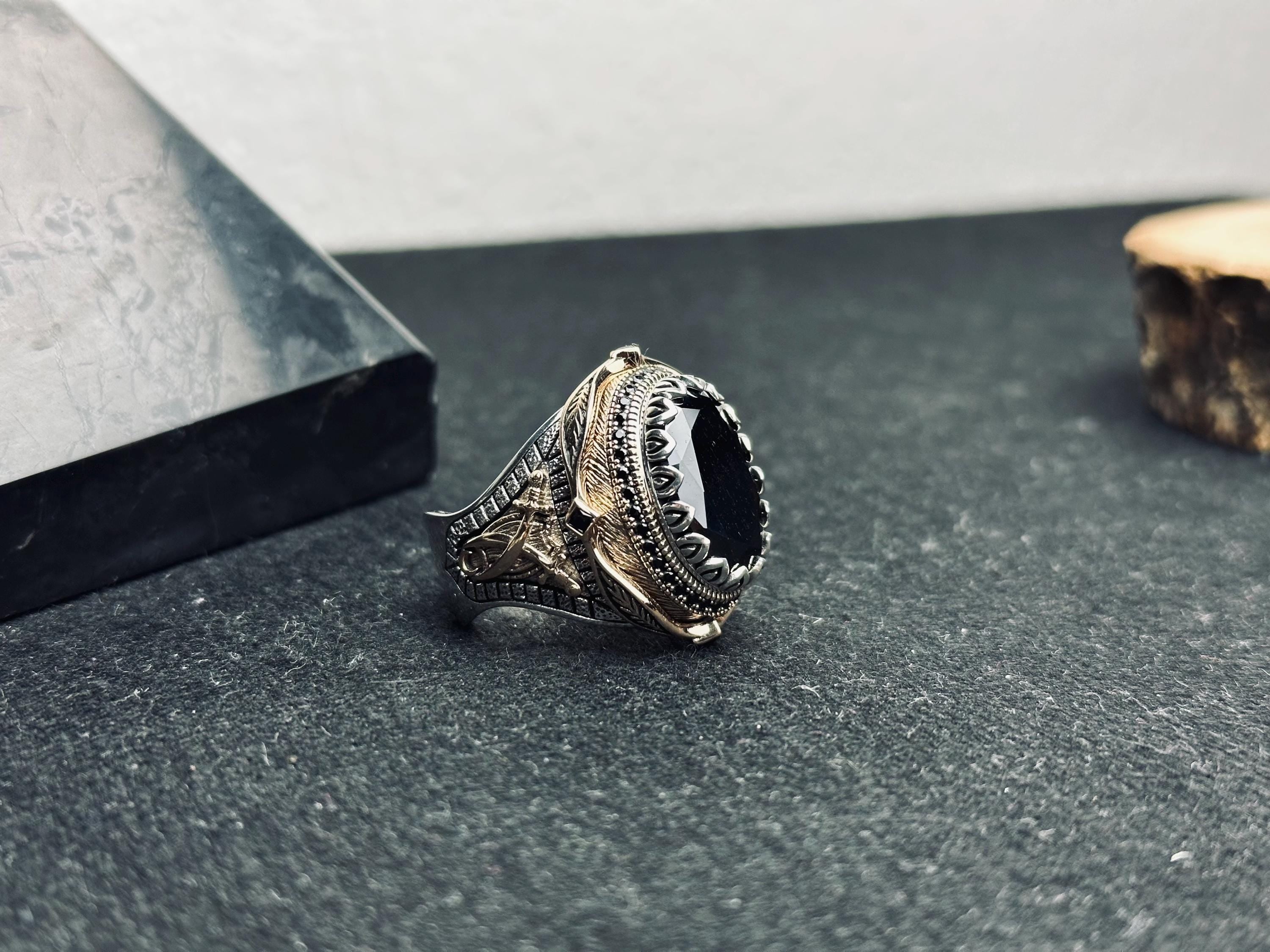 Black Zircon Men’s Ring - Unique Handmade Turkish Silver