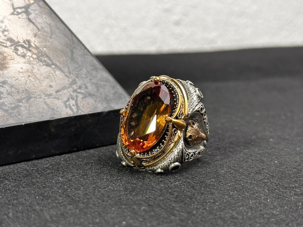 Large Sultanit Ring - Sterling Silver with Wolf Design