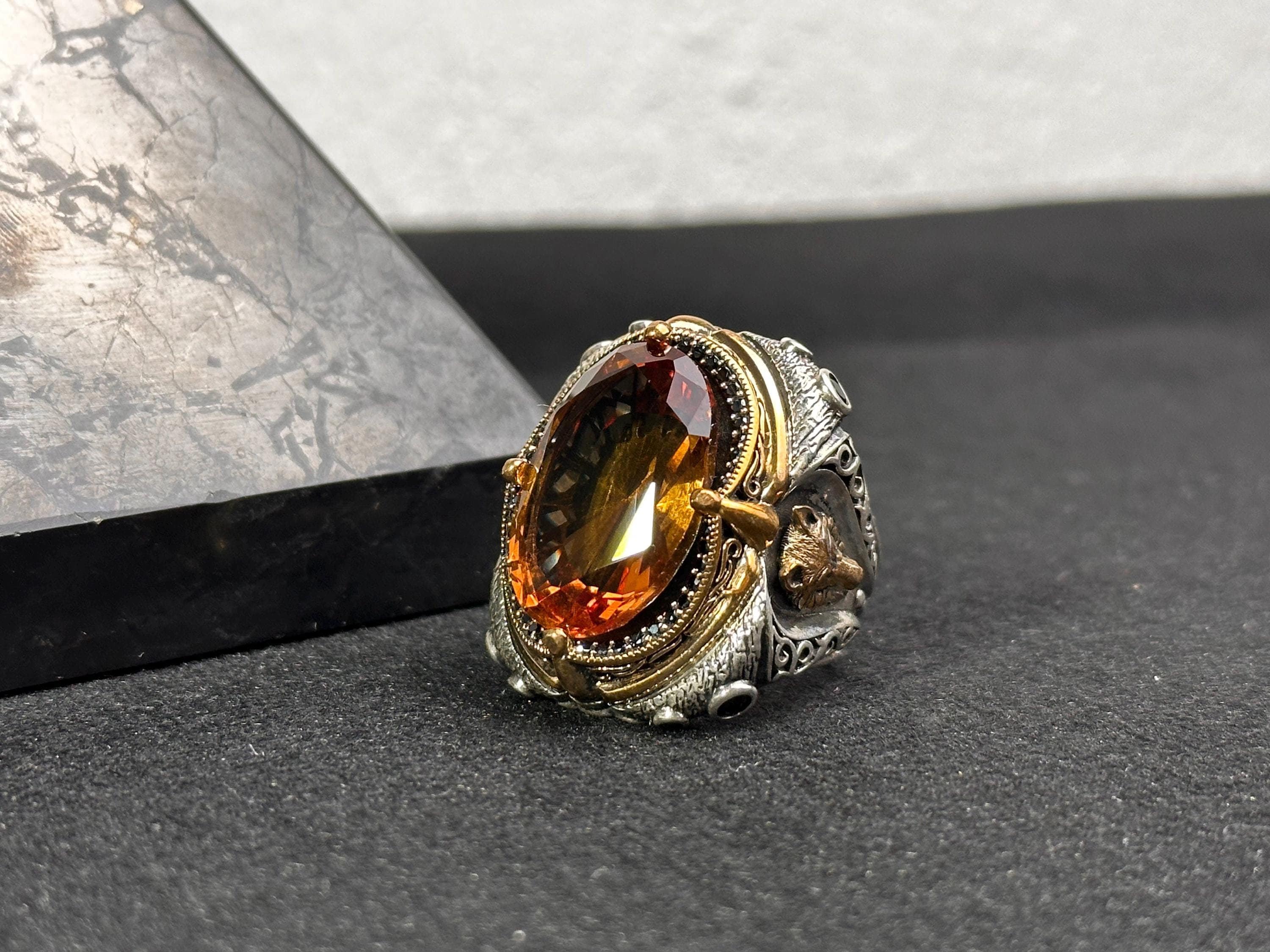 Large Sultanit Ring - Sterling Silver with Wolf Design