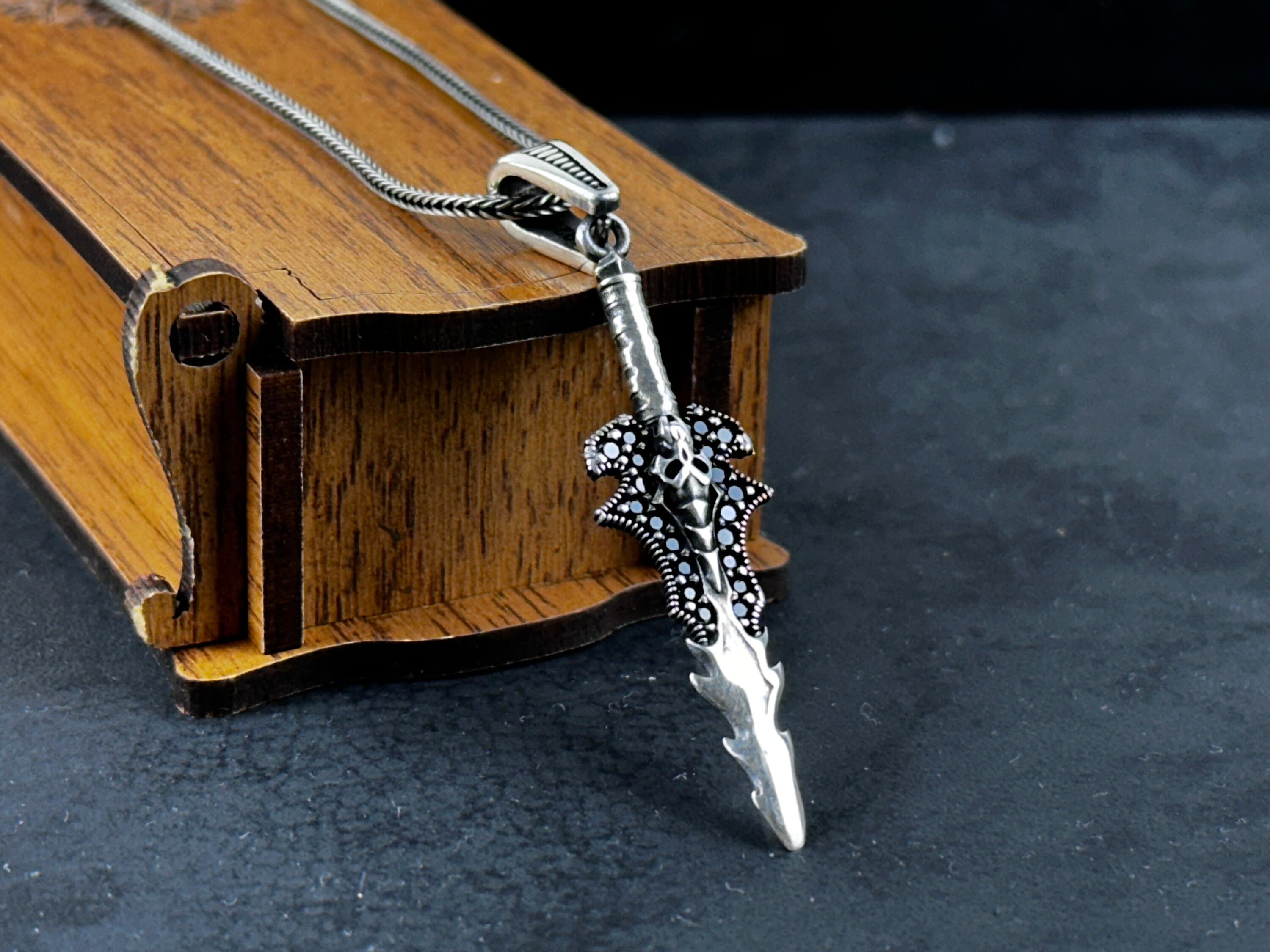 Silver Skull Sword Necklace - Mystic Gothic Gemstone Pendant
