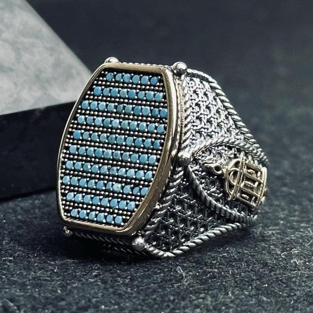 Turquoise Men's Ring - Sterling Silver with Zircon and Mosque Detail
