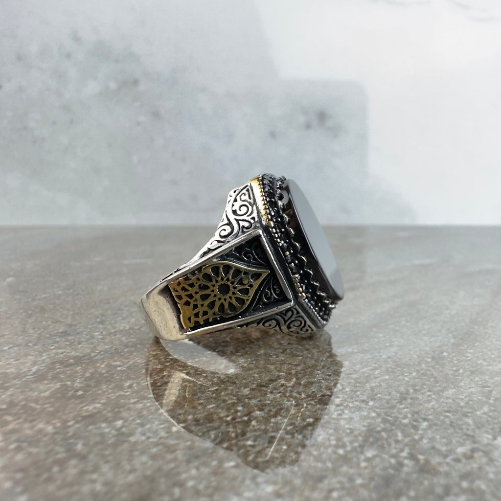Onyx Gemstone Ring: Sterling Silver Men's Jewelry (Hand Engraved)