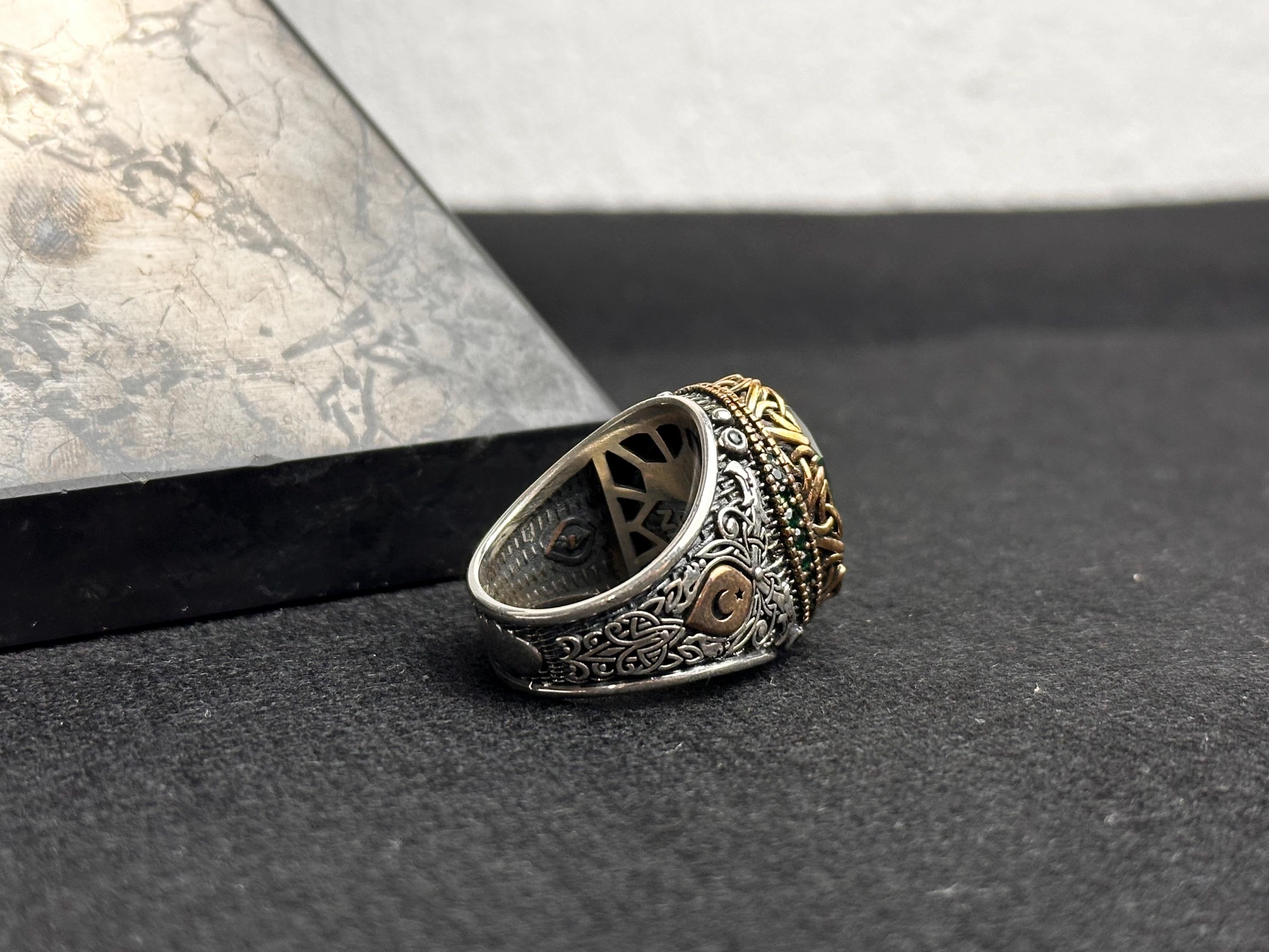 Oxidized Sterling Silver Ring - Green Cubic Zirconia Stone for Men
