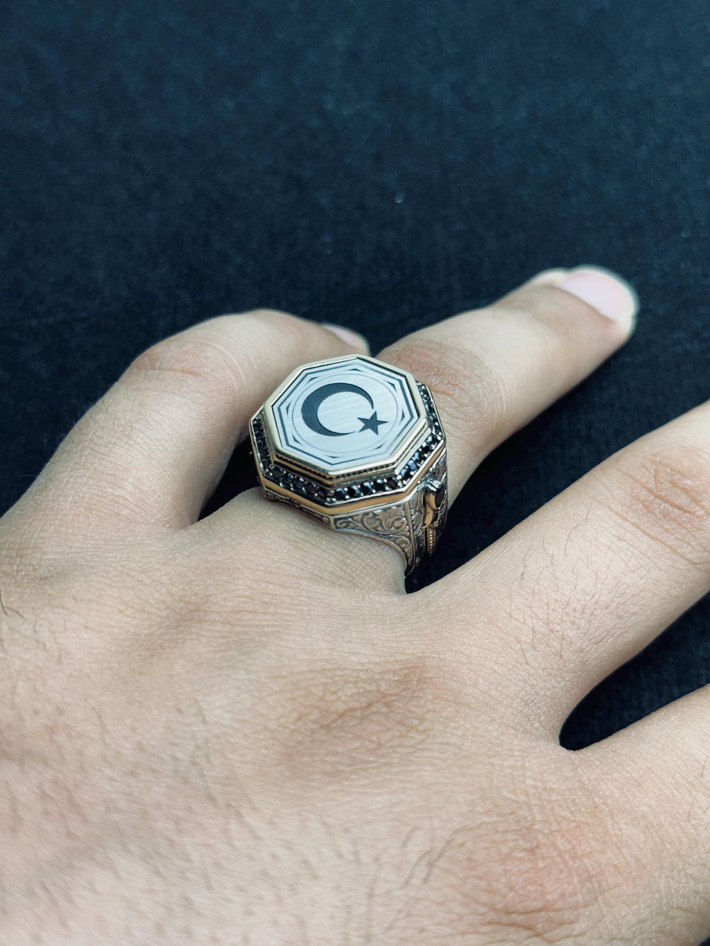 Turkish Silver Crescent-Star Ring, Ottoman Embossed (Handmade 925 Sterling)