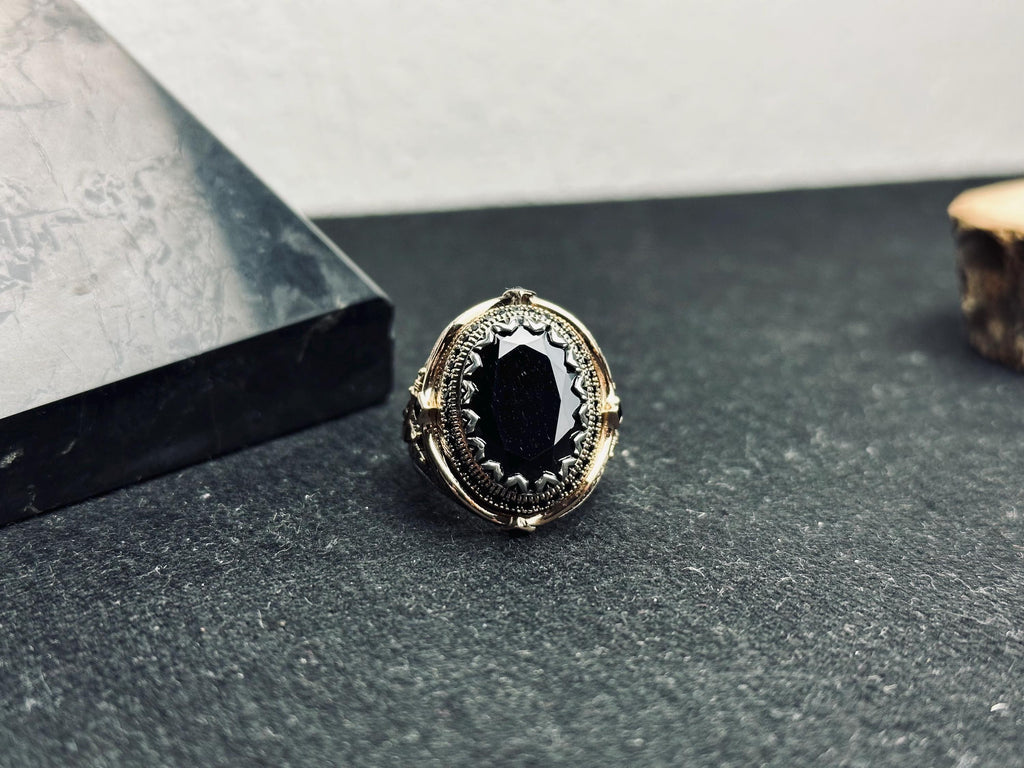 Black Zircon Men’s Ring - Unique Handmade Turkish Silver