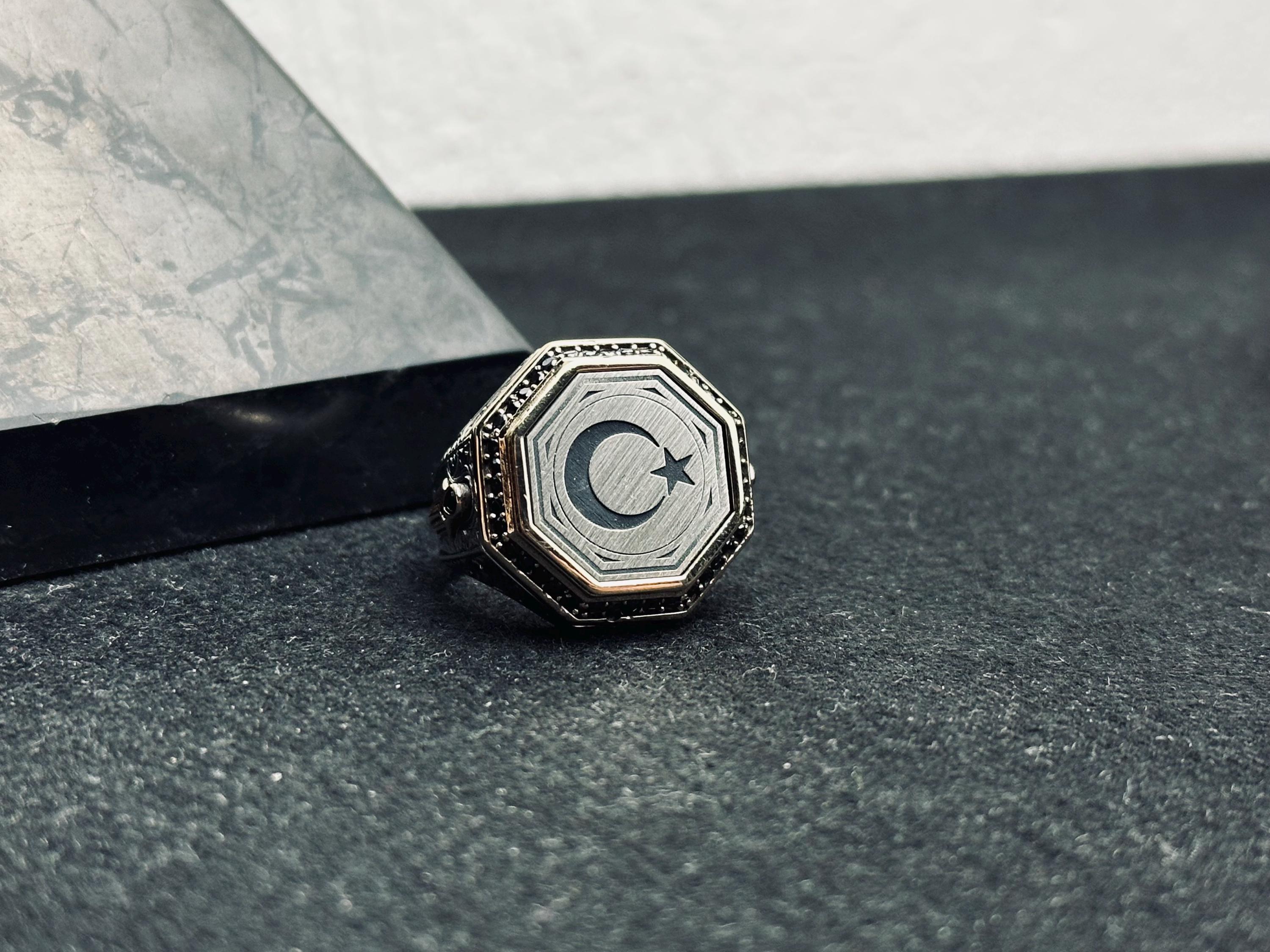 Turkish Silver Crescent-Star Ring, Ottoman Embossed (Handmade 925 Sterling)