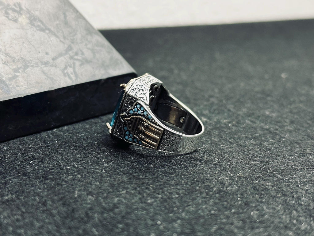 Aquamarine Ring: Men's Sterling Silver Square Cut (Handmade Turkish)