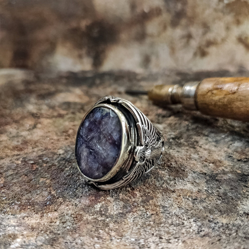 Sapphire Men's Ring, Oval Root Stone (925 Sterling Silver)