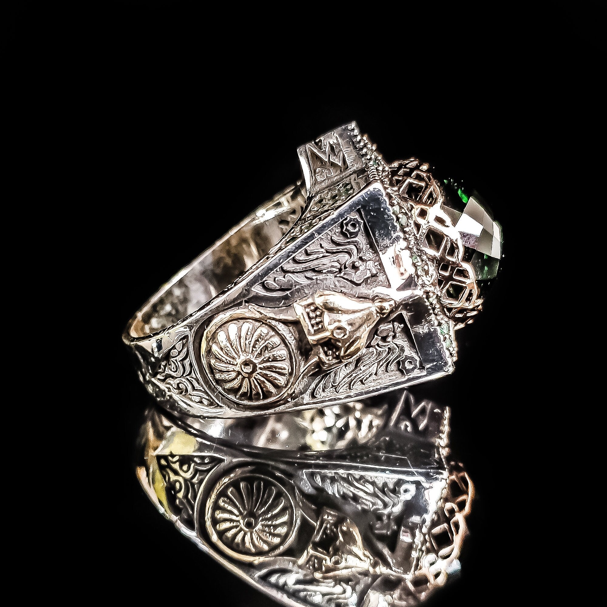 Green Zircon Silver Ring - Ottoman Embroidered Helmet Style