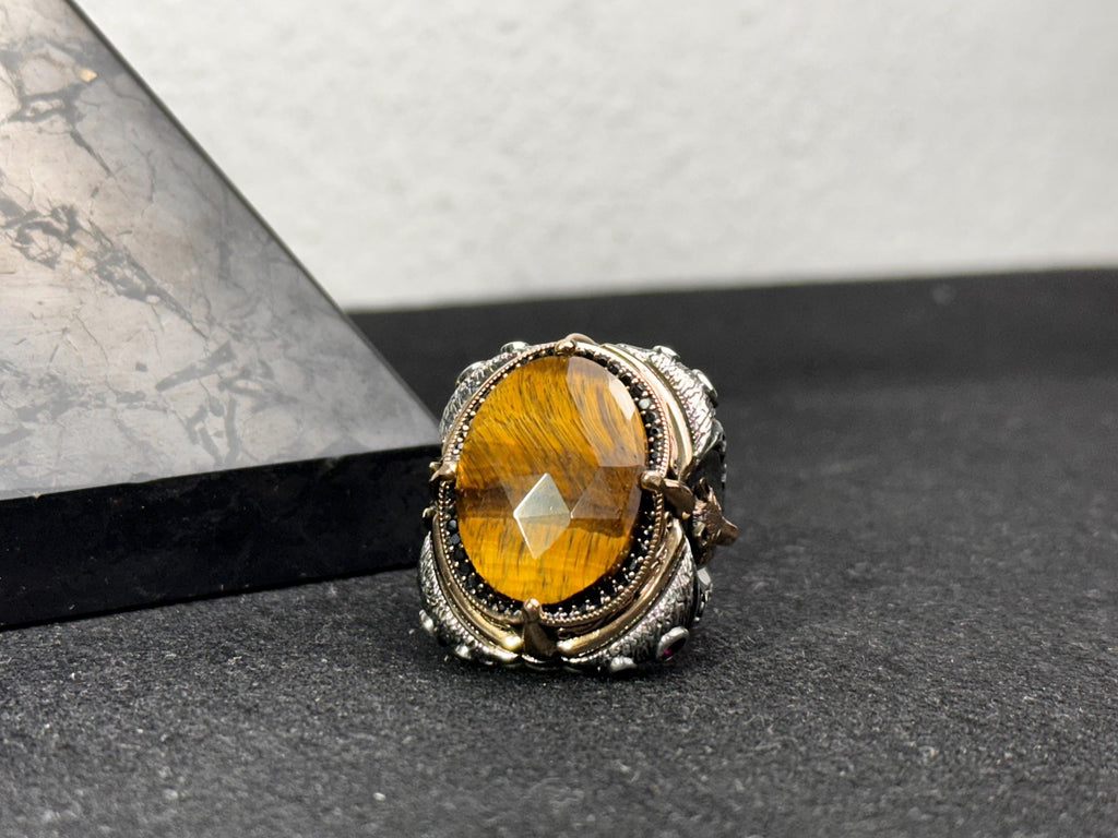 Men's Tiger's Eye Ring: Handmade Silver - Bold Gemstone Design