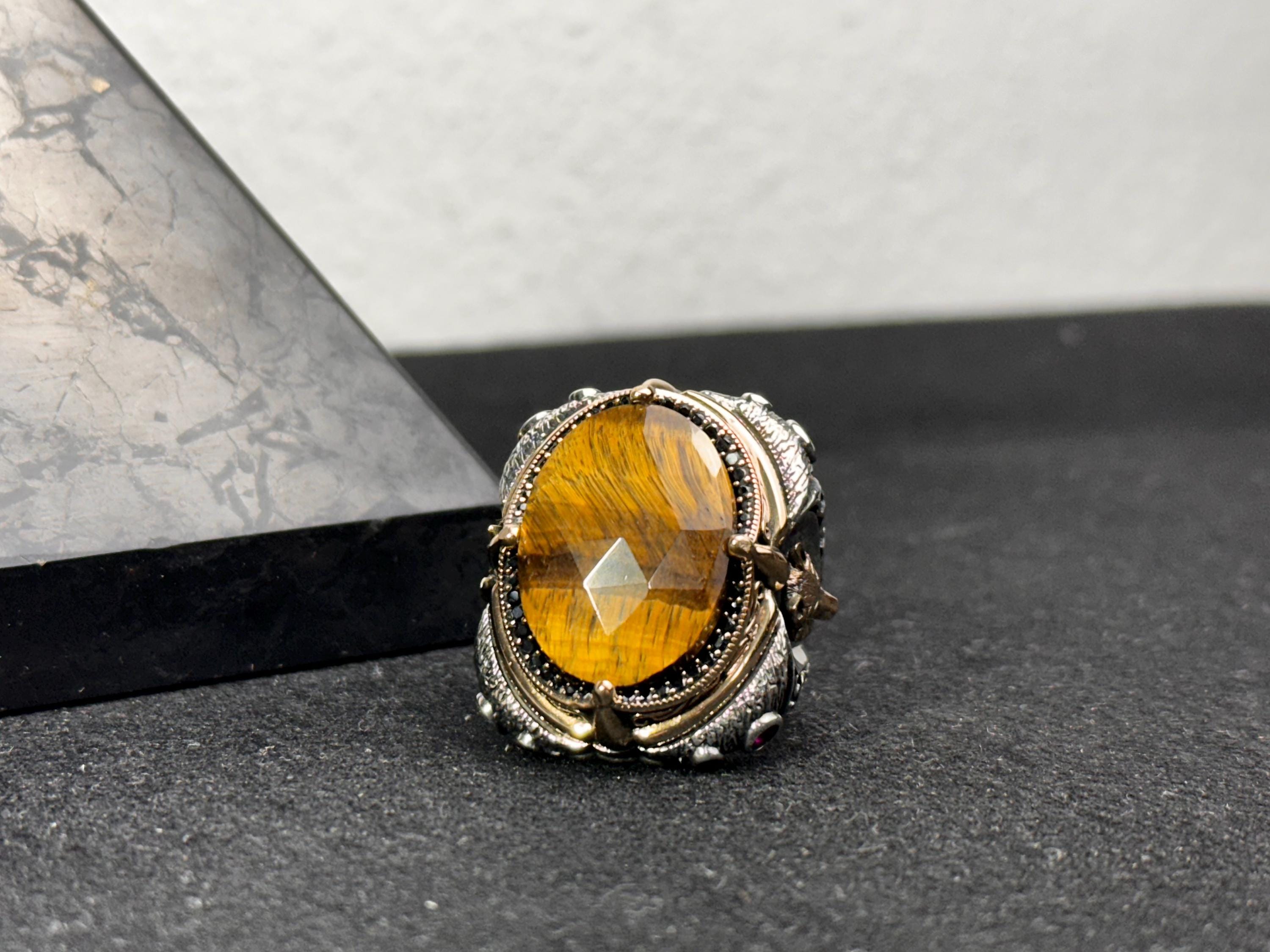 Men's Tiger's Eye Ring: Handmade Silver - Bold Gemstone Design