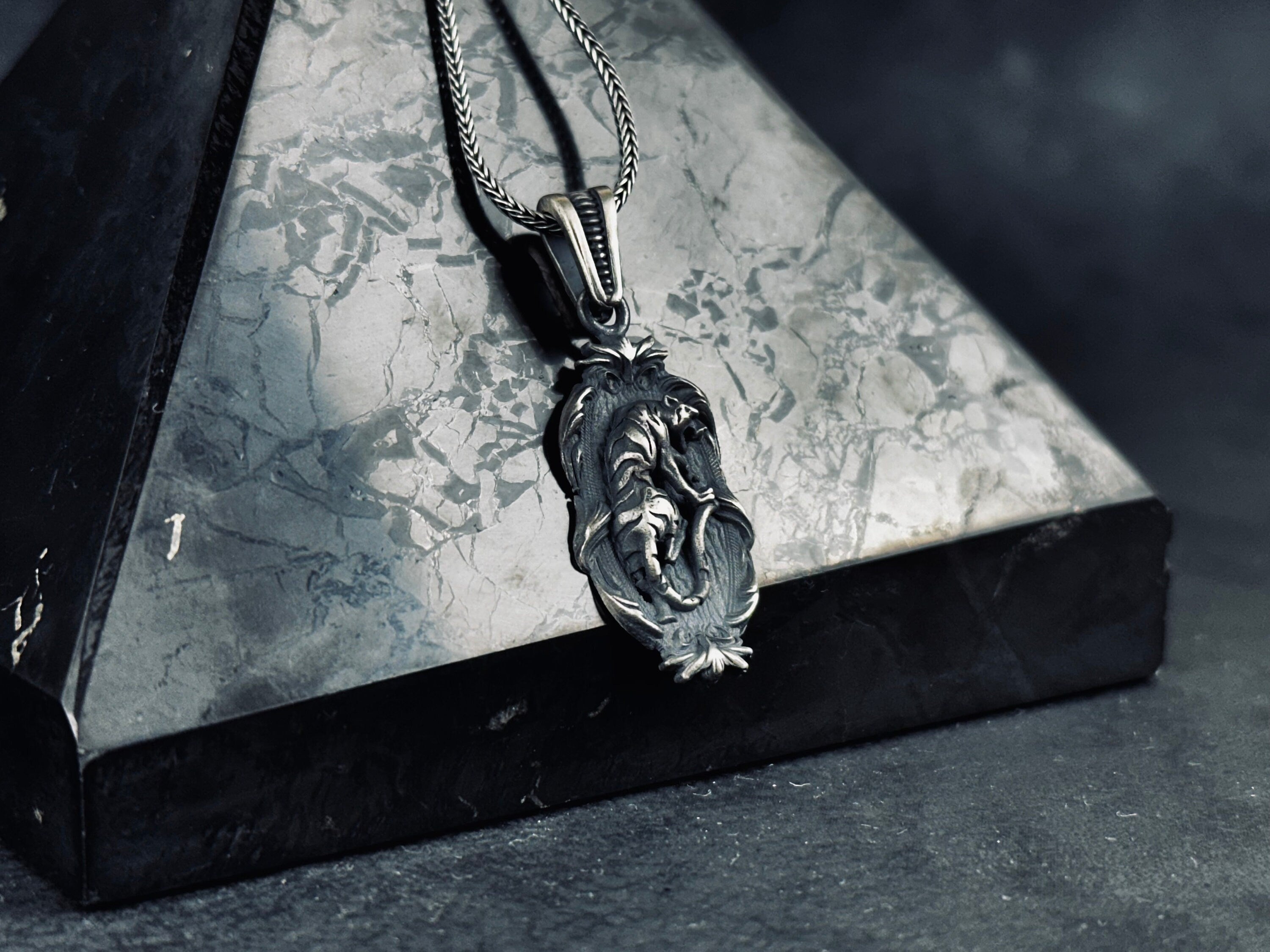Jaguar Pendant Necklace: Silver with Embroidery (Multiple Chain Lengths)