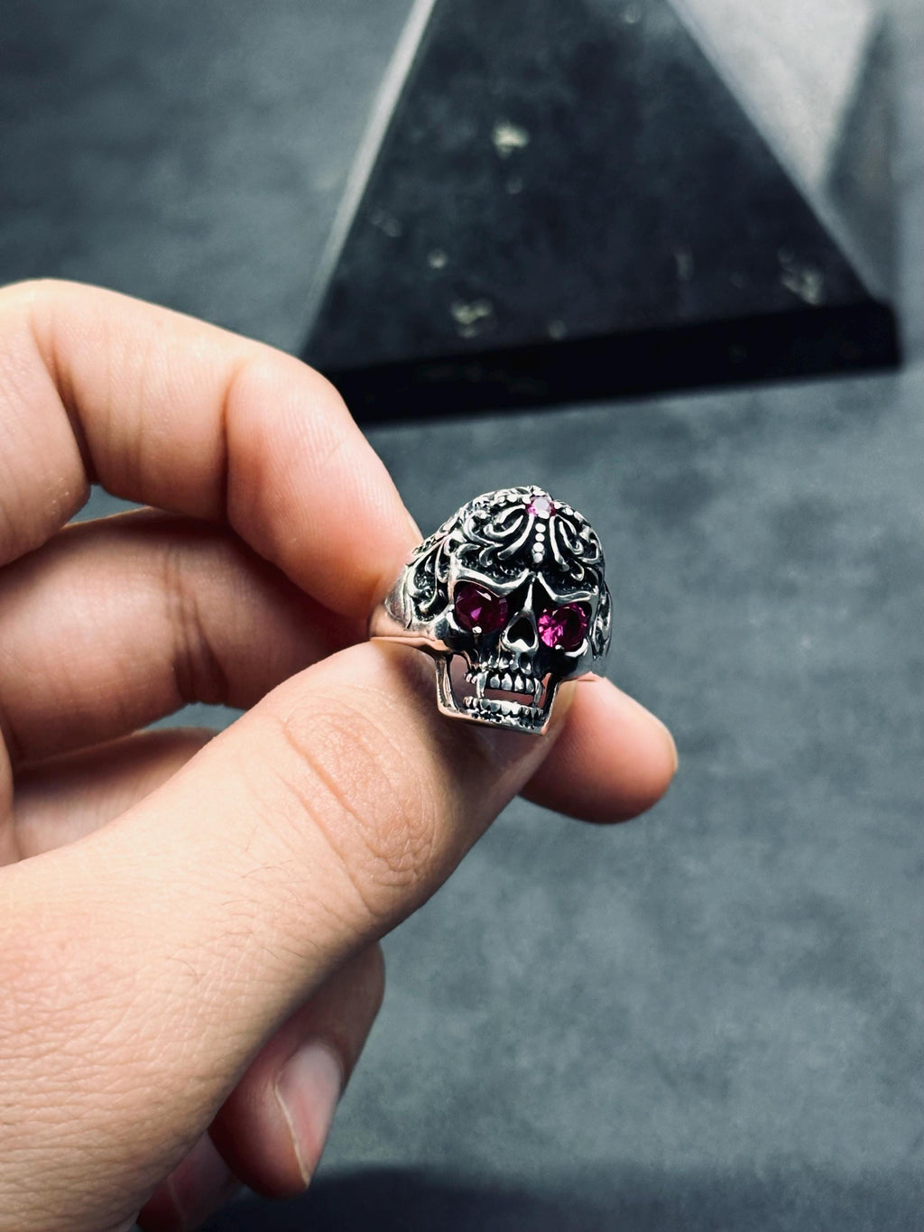 Skull Ring: Sterling Silver Goth Biker Style - Adjustable Fit