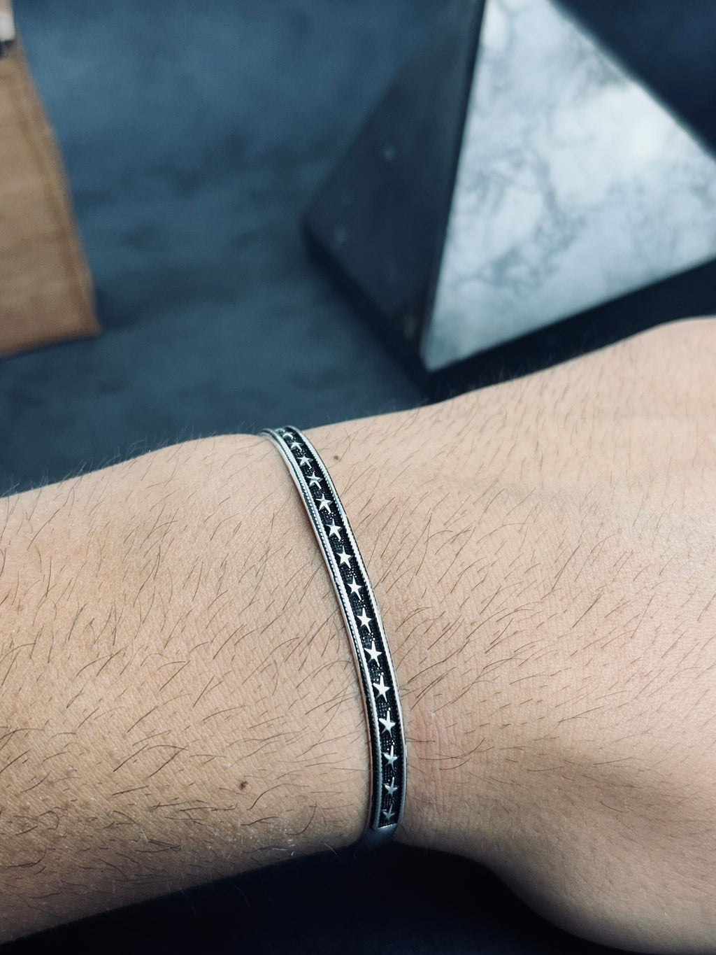 Star Embroidered Silver Bangle: Handmade Adjustable Sterling Cuff