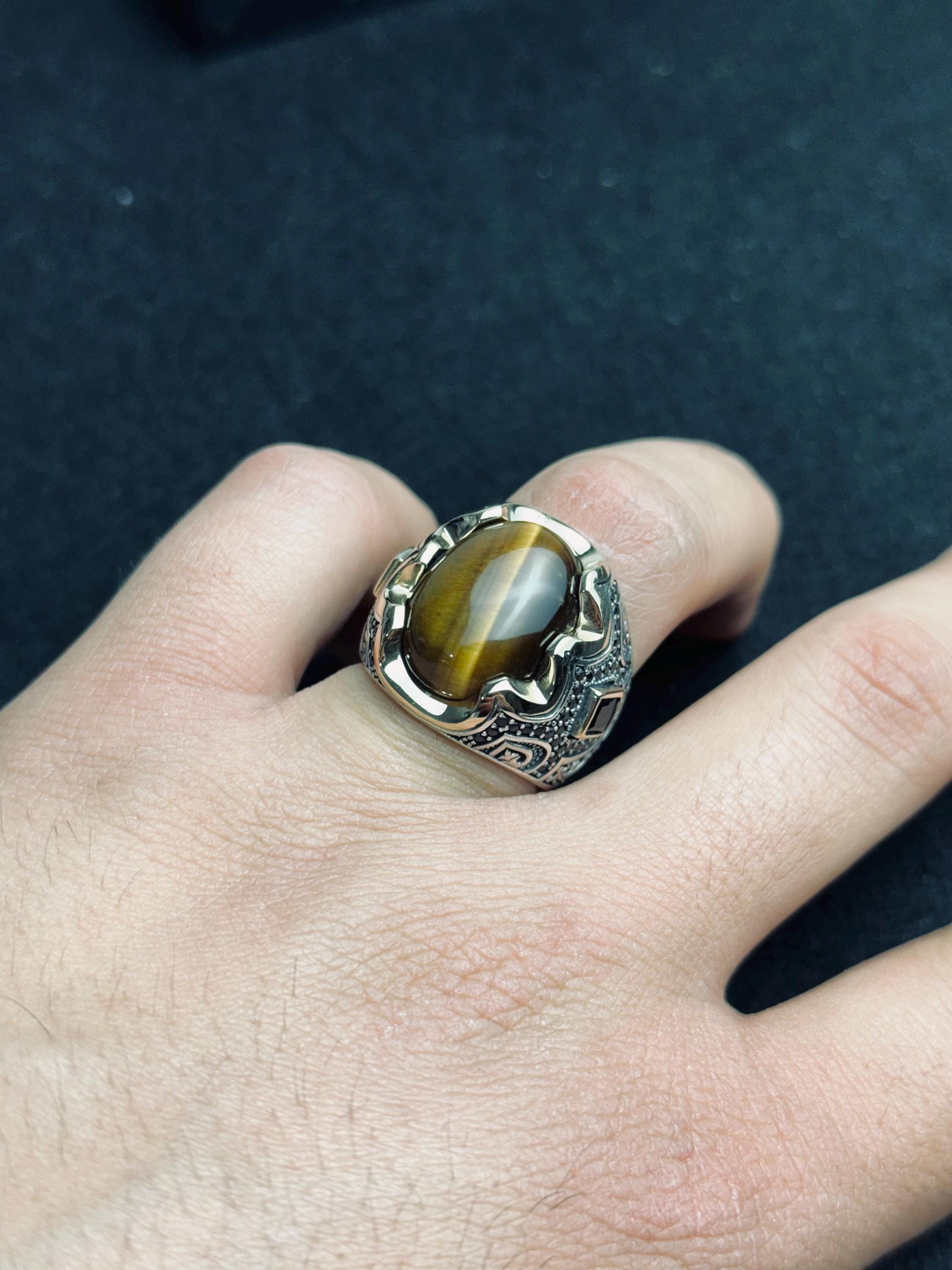Men's Statement Ring: Tiger Eye Gemstone - Oxidized 925 Silver