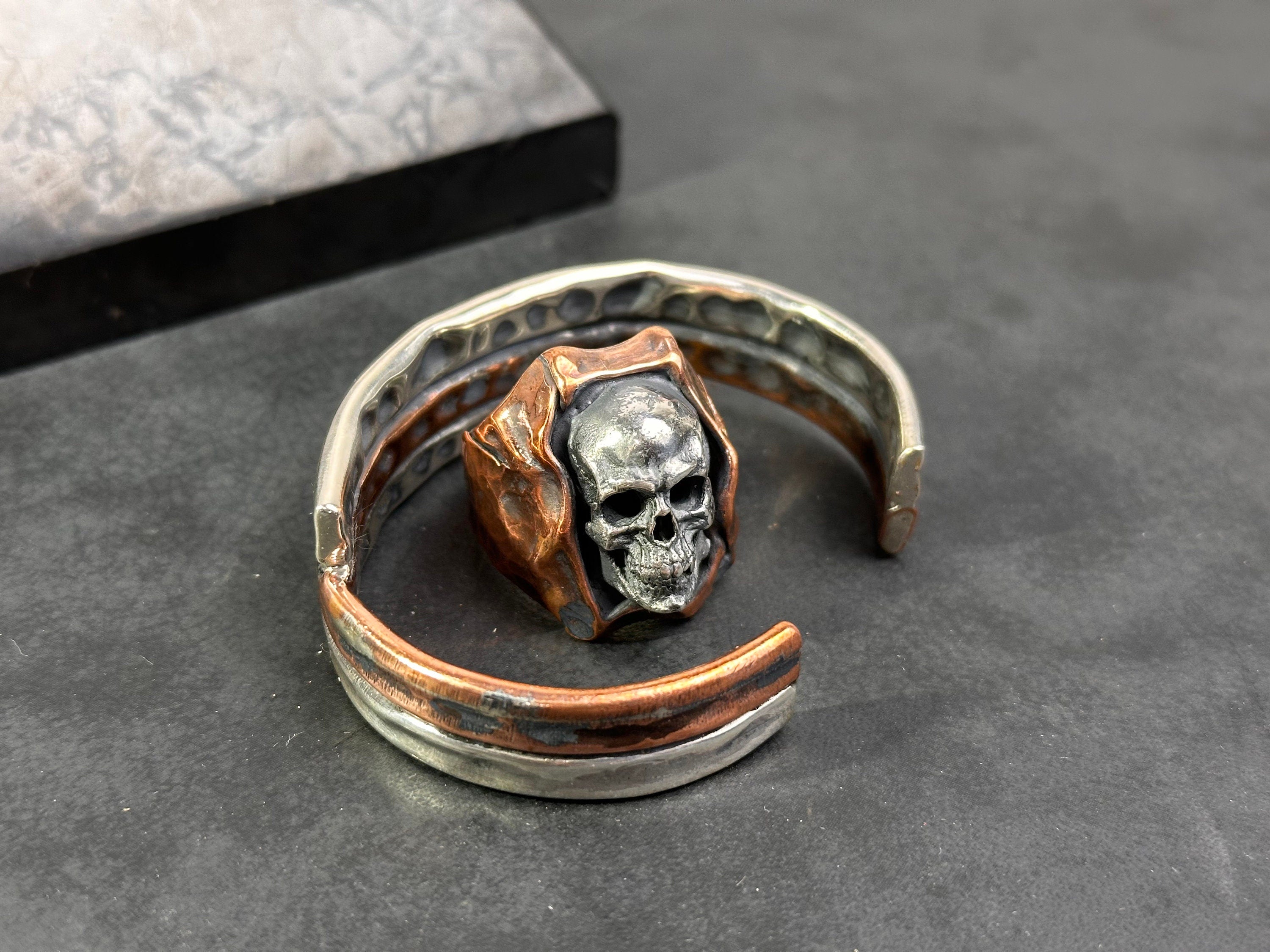 Skull Punk Silver Ring and Bracelet Set (Handmade, Chunky Style)
