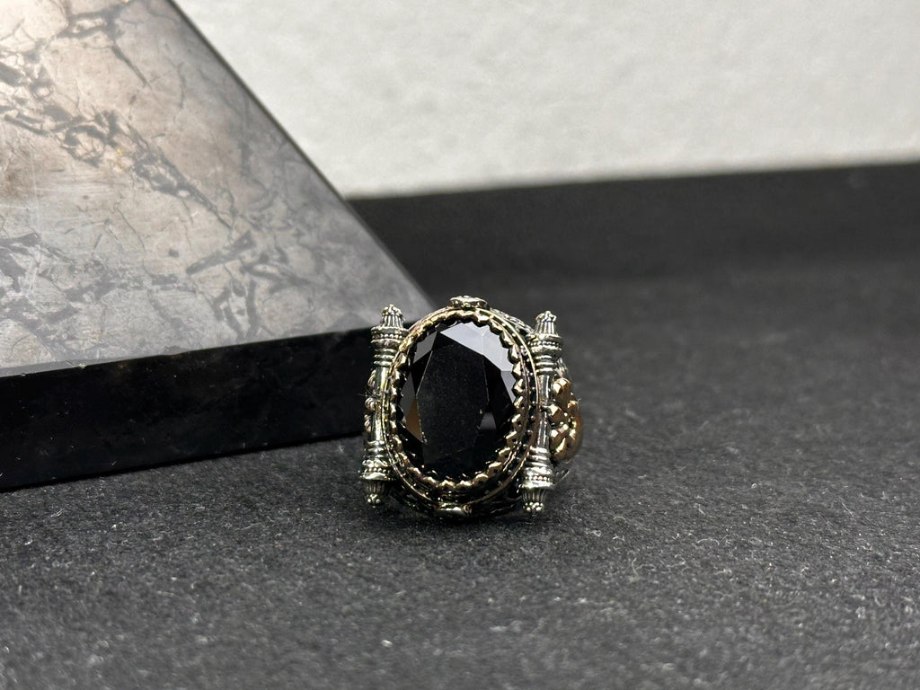 Sterling Silver Men's Ring, Black Zircon Statement (Handmade)