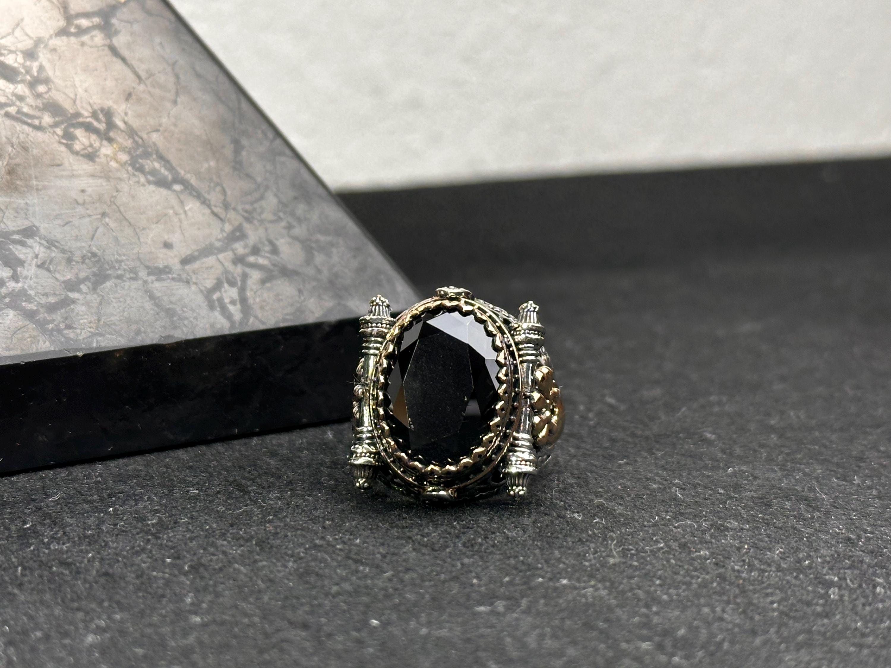 Sterling Silver Men's Ring, Black Zircon Statement (Handmade)