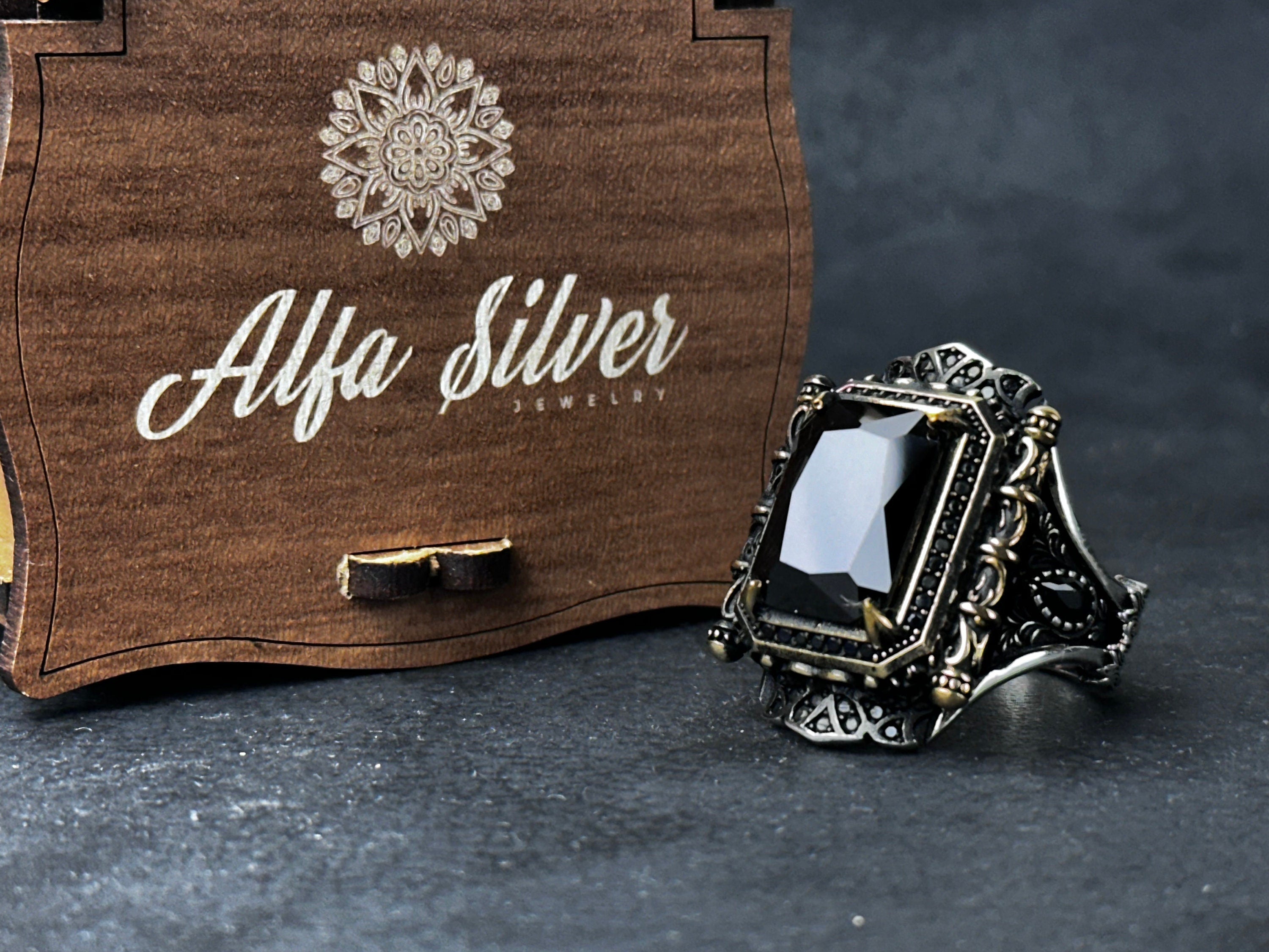 Black Zircon Sterling Silver Ring: Handcrafted Engraved Design