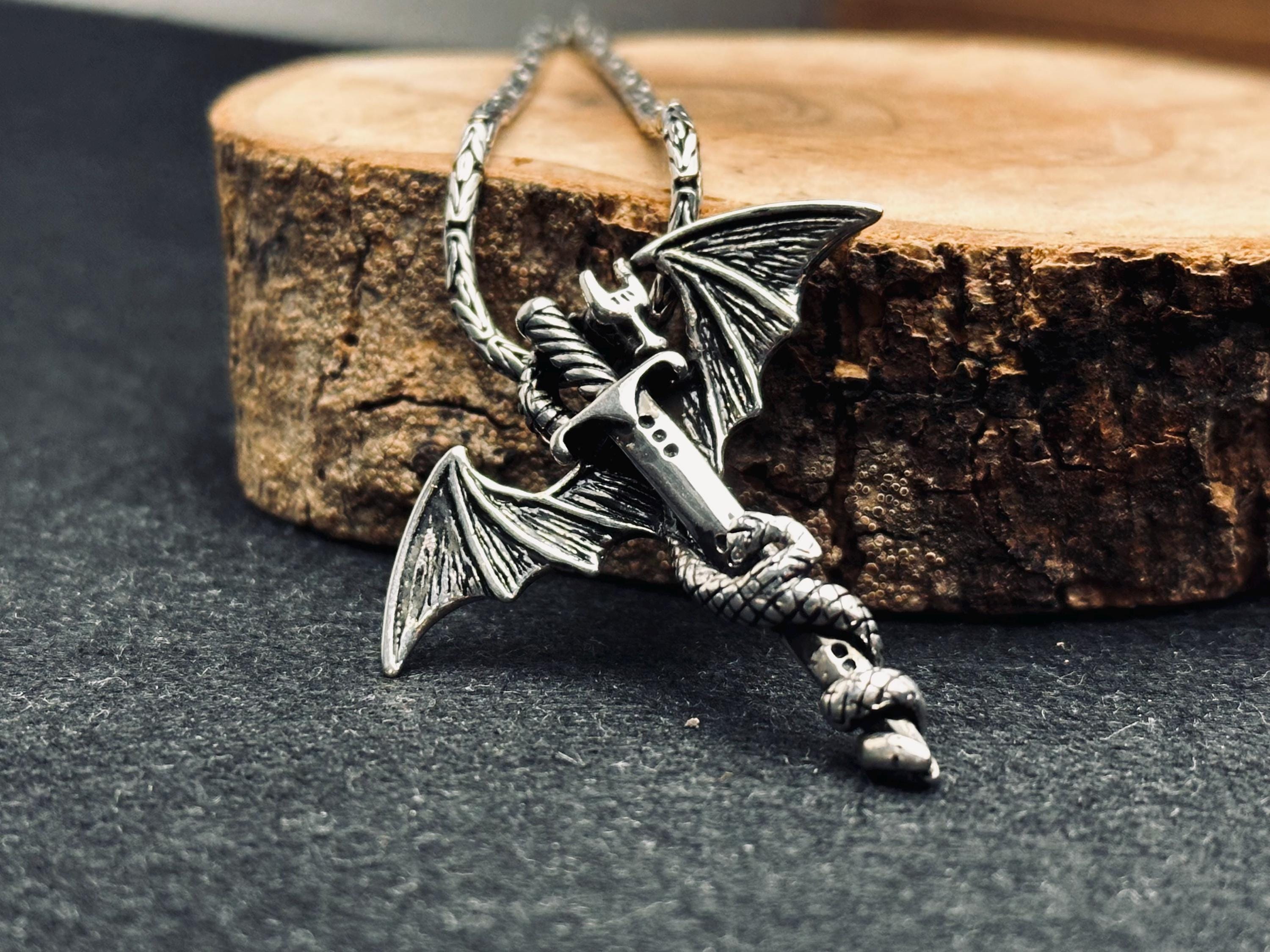 Bat Wing Sword Pendant: Gothic Sterling Silver Necklace