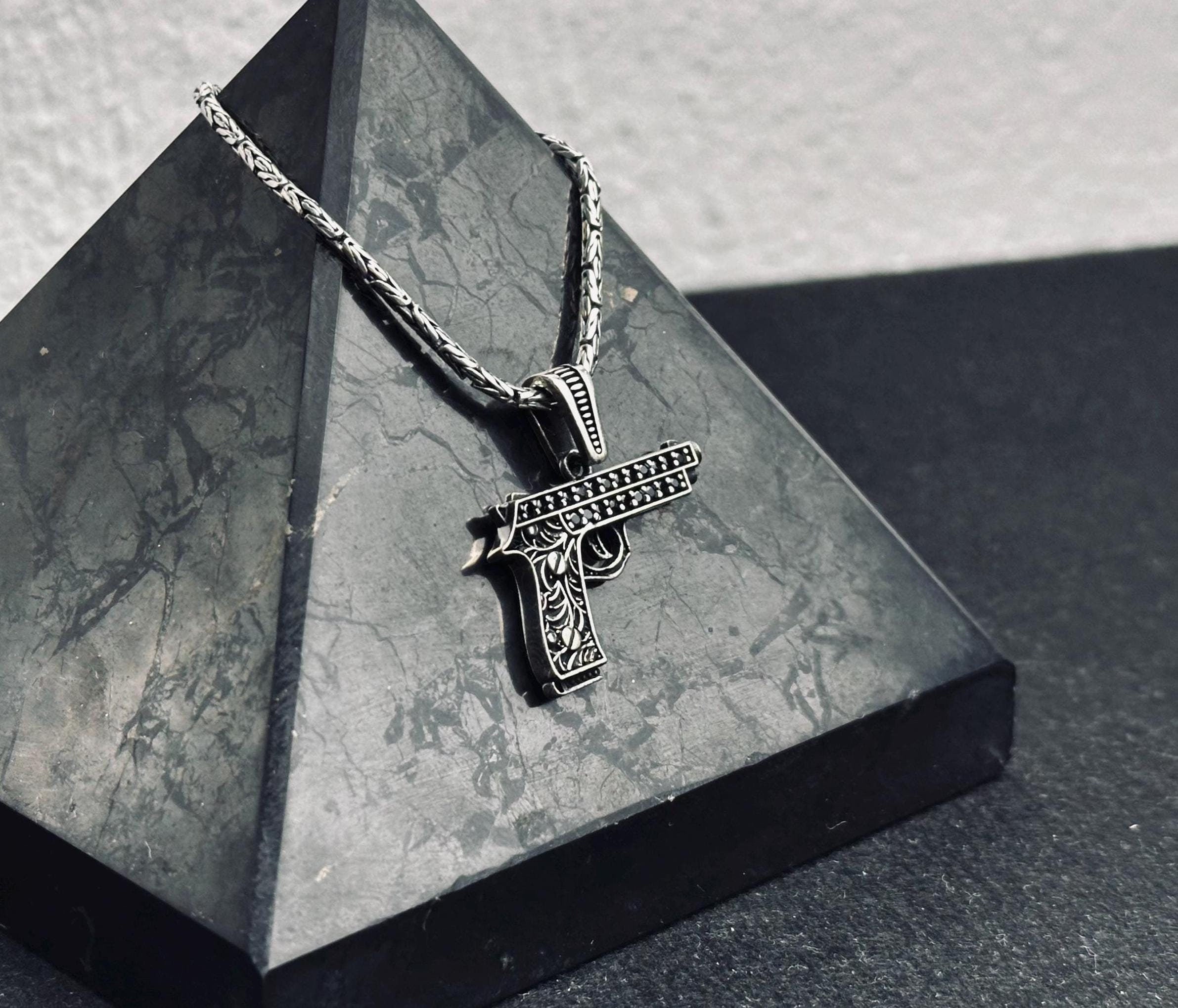 Gun Necklace Pendant: Sterling Silver Jewelry (Men's Bold Style)