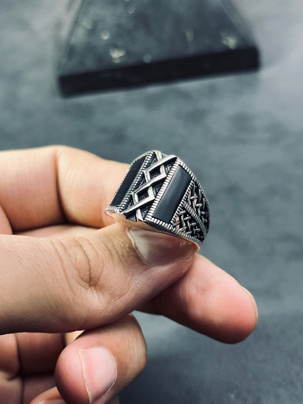 Onyx Ring: Minimalist Sterling Silver (Engraved, Handmade)