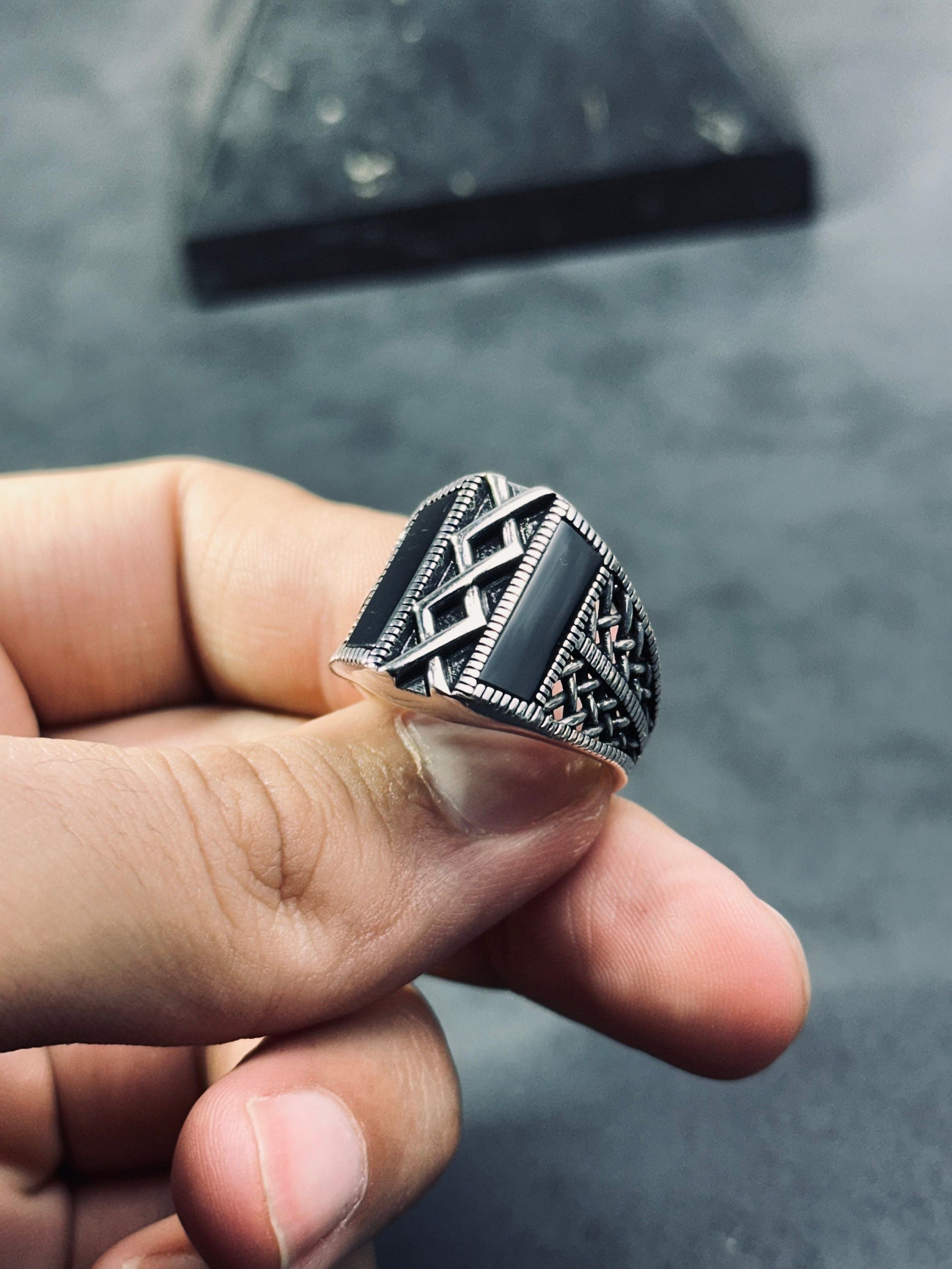 Onyx Ring: Minimalist Sterling Silver (Engraved, Handmade)