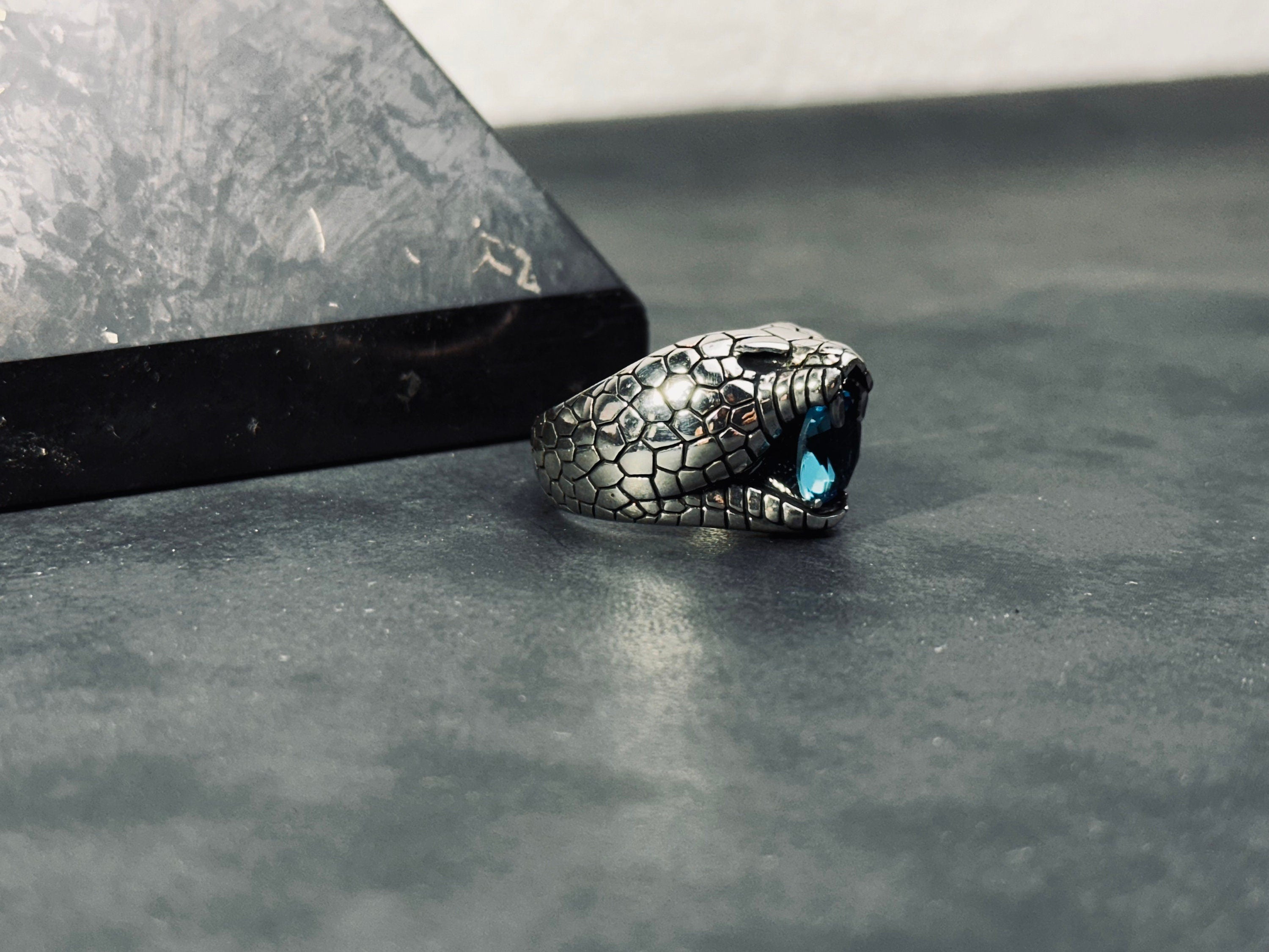 Snake Ring: Sterling Silver with Blue CZ Stone (Engraved Style)