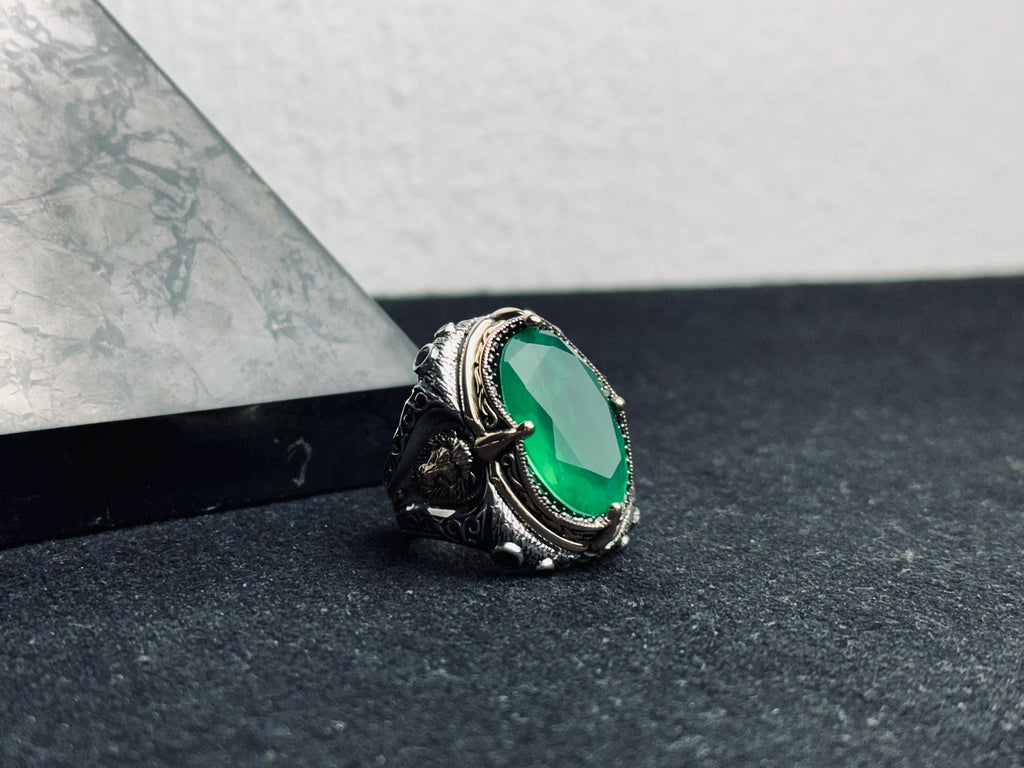 Green Tourmaline Men's Silver Ring - Large Lion Head Design