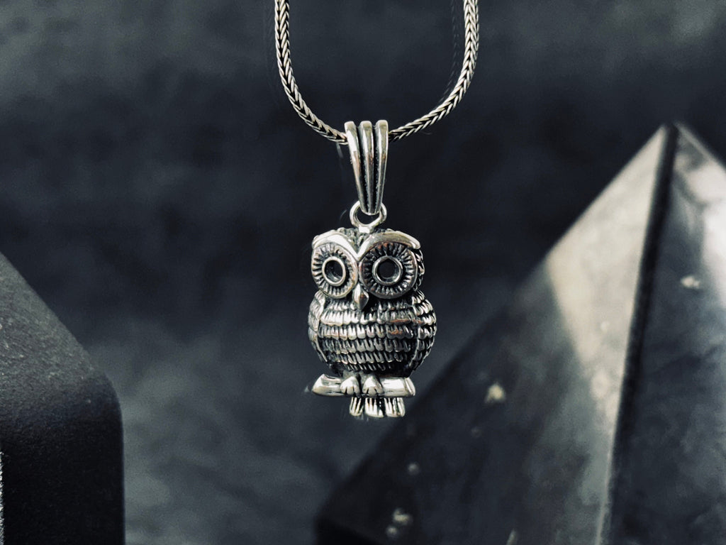 Silver Owl Necklace: Handmade Bird Pendant with Wooden Box
