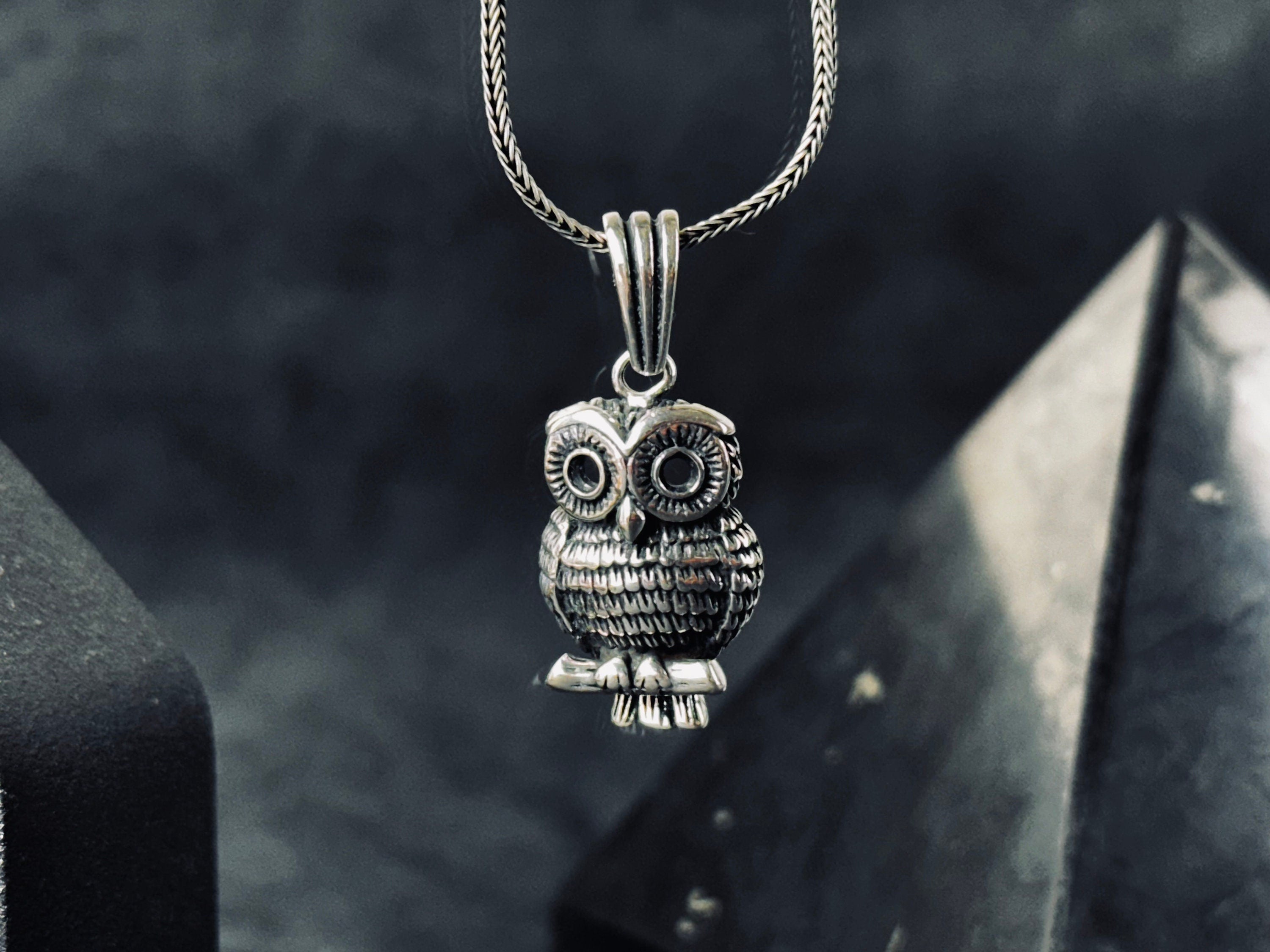 Silver Owl Necklace: Handmade Bird Pendant with Wooden Box