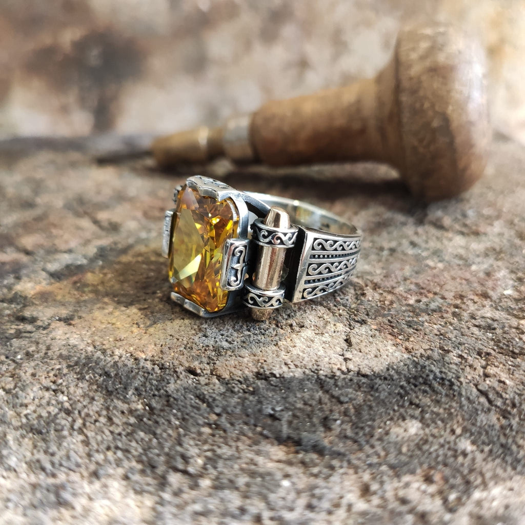 Citrine Zircon Sterling Silver Ring: Handmade Turkish Men's Jewelry