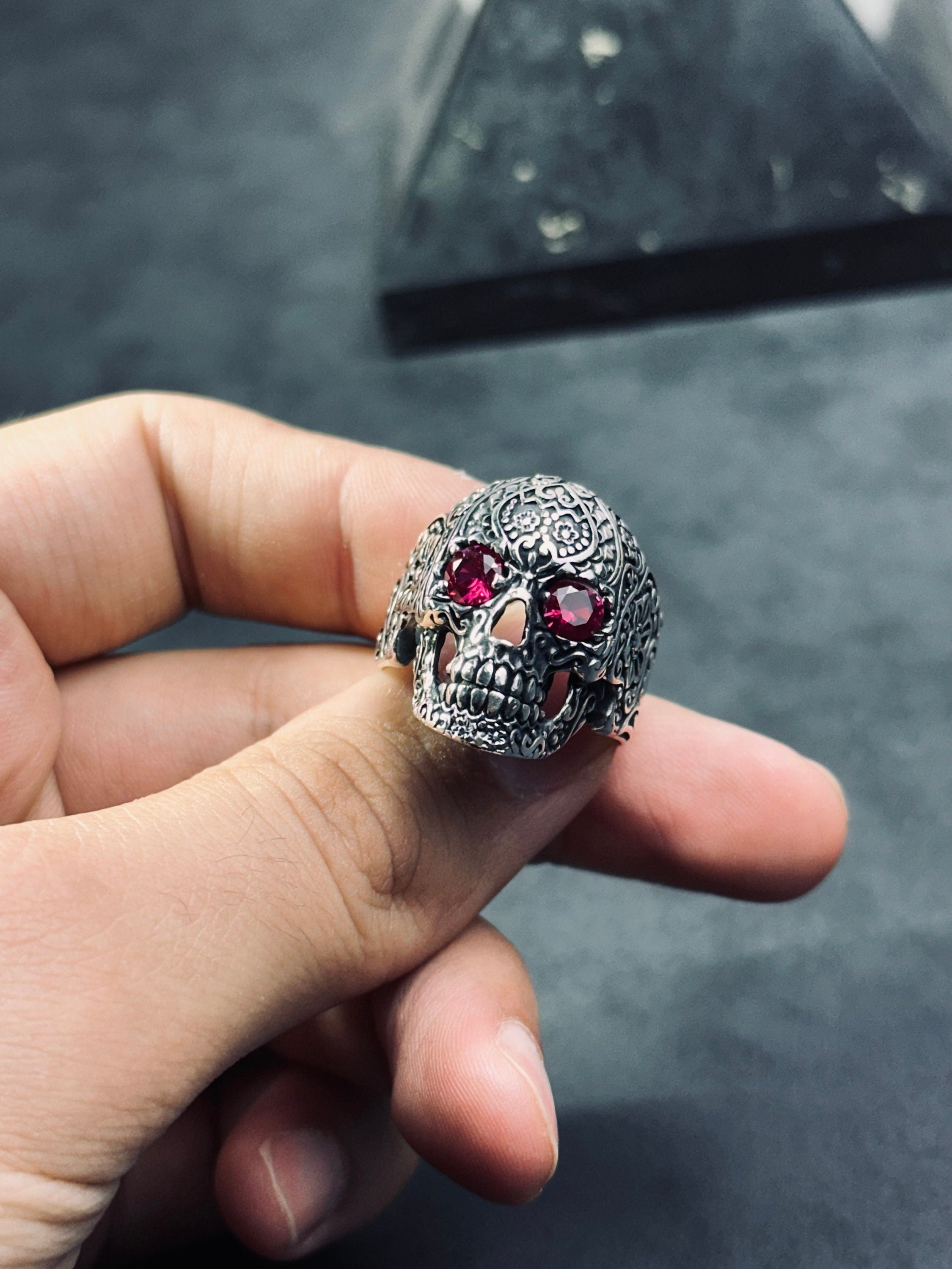 Engraved Skull Sterling Silver Ring - Biker Style with Cubic Zircon