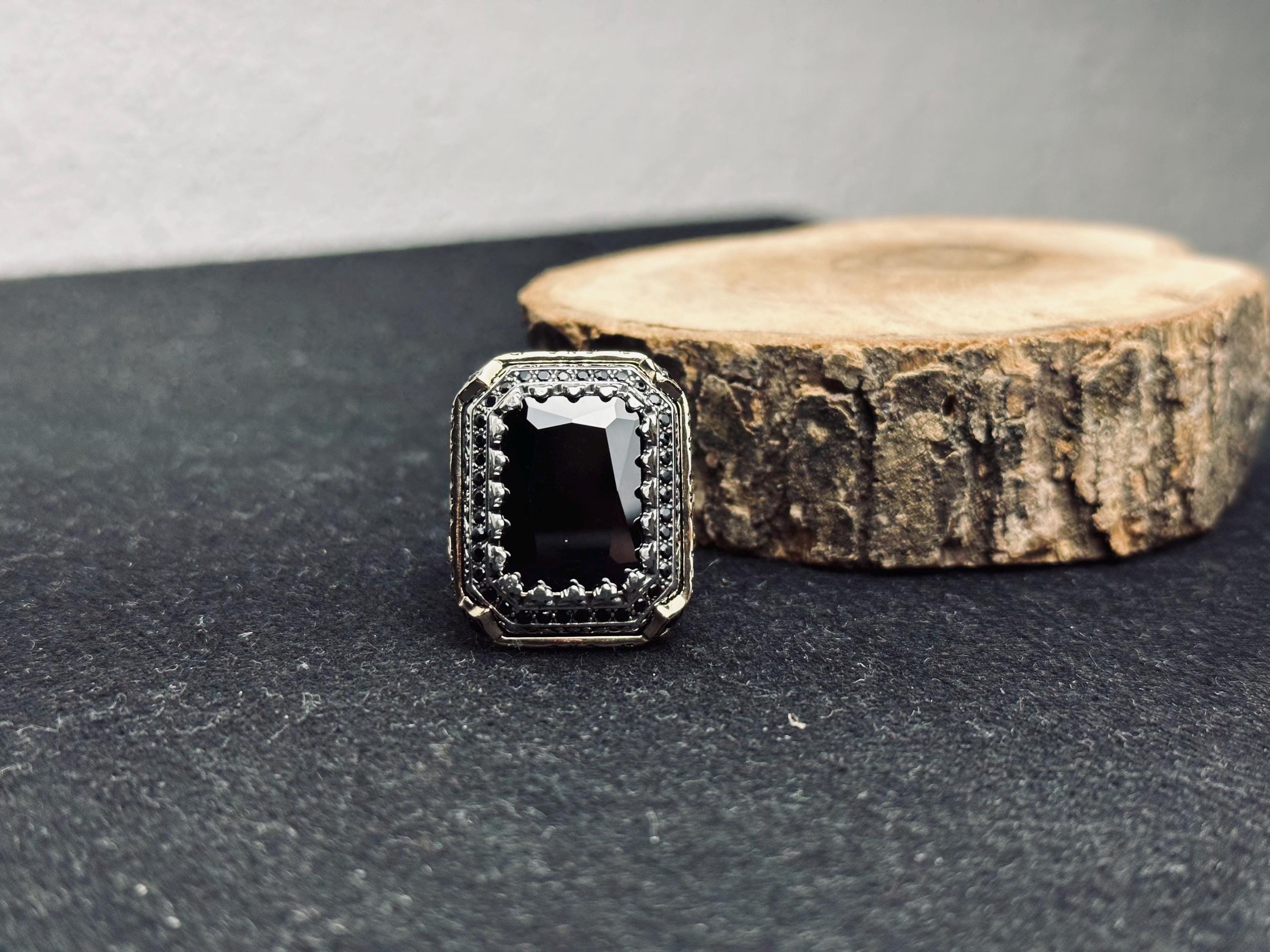 Square Black Zircon Men's Ring - Handmade Sterling Silver Vintage Look