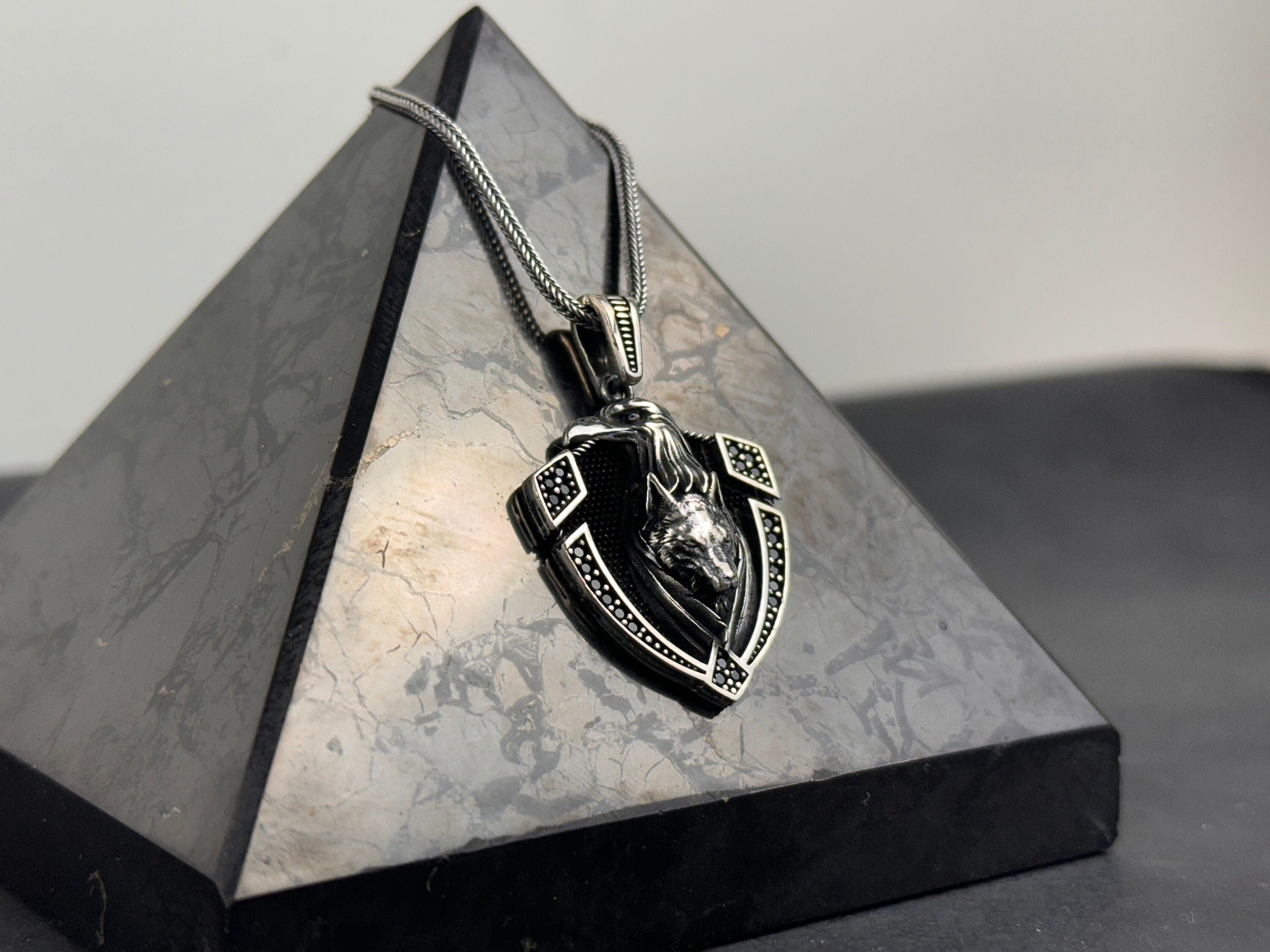 Wolf Head Shield Necklace: Sterling Silver Layered Pendant