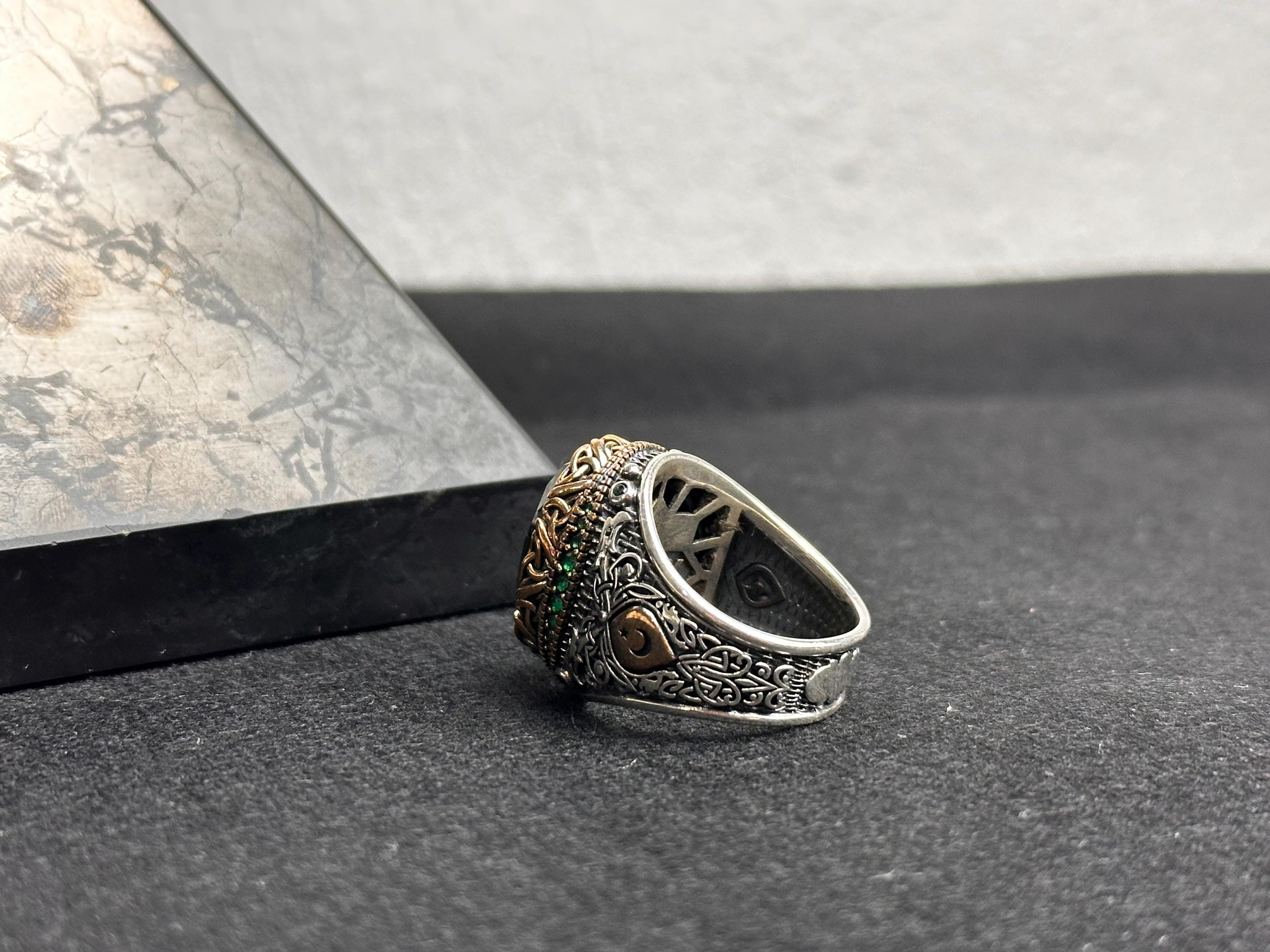 Oxidized Sterling Silver Ring - Green Cubic Zirconia Stone for Men