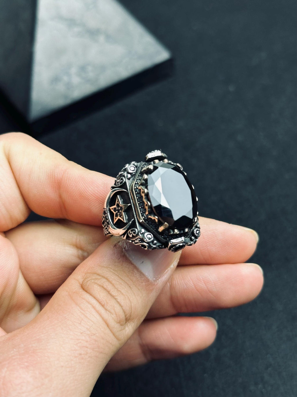 Men's Signet Ring: Black Zircon Stone - Sterling Silver