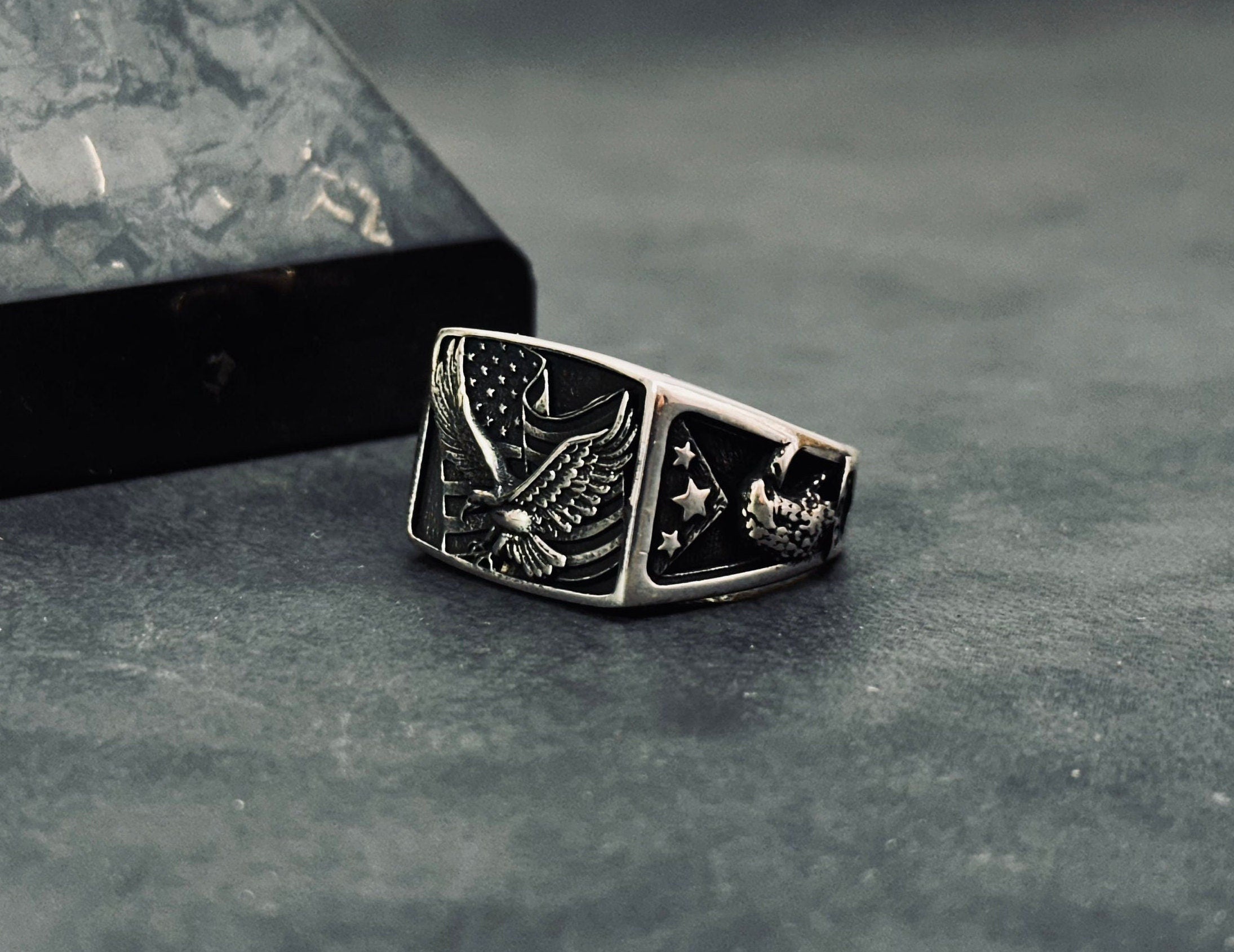 Eagle Ring: Sterling Silver American Flag Style (Men's Statement Jewelry)