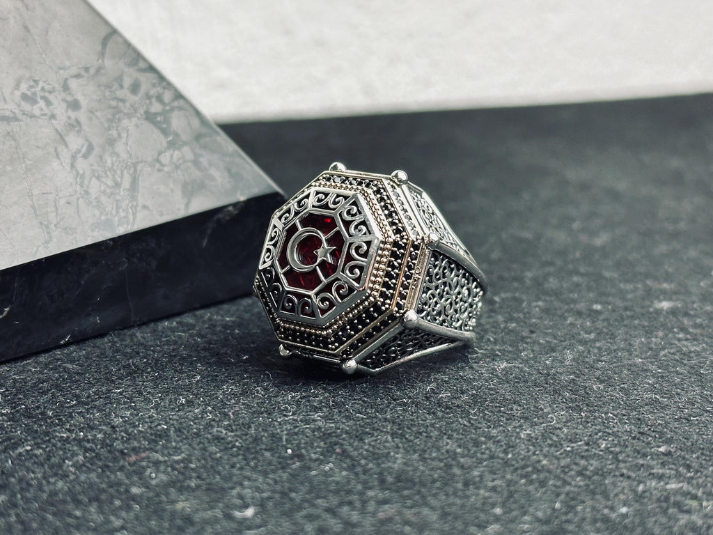 Red Stone Moon Star Ring, 925 Sterling Silver, Turkish Handmade Jewelry