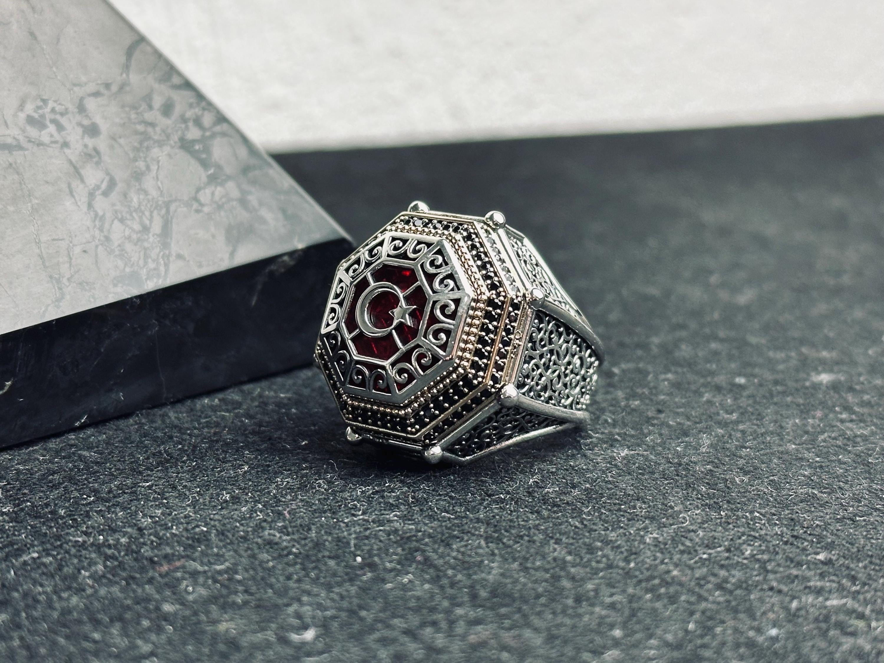 Red Stone Moon Star Ring, 925 Sterling Silver, Turkish Handmade Jewelry
