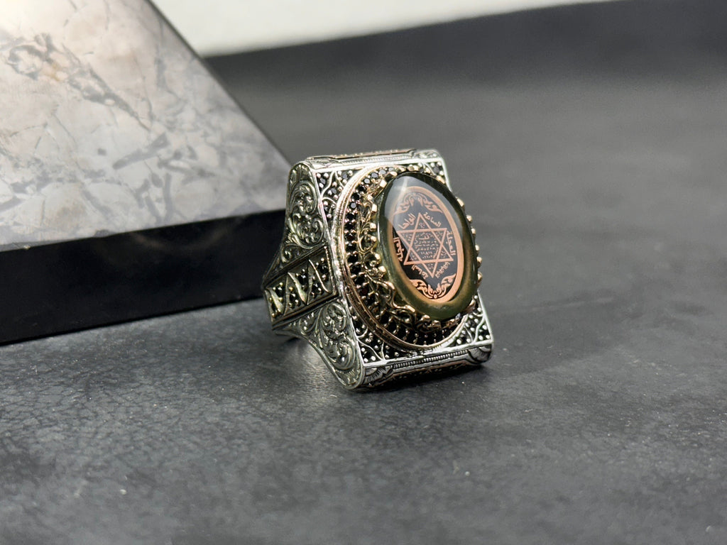 Solomon Seal Ring: Green Amber in Sterling Silver (Handmade Gift Box)