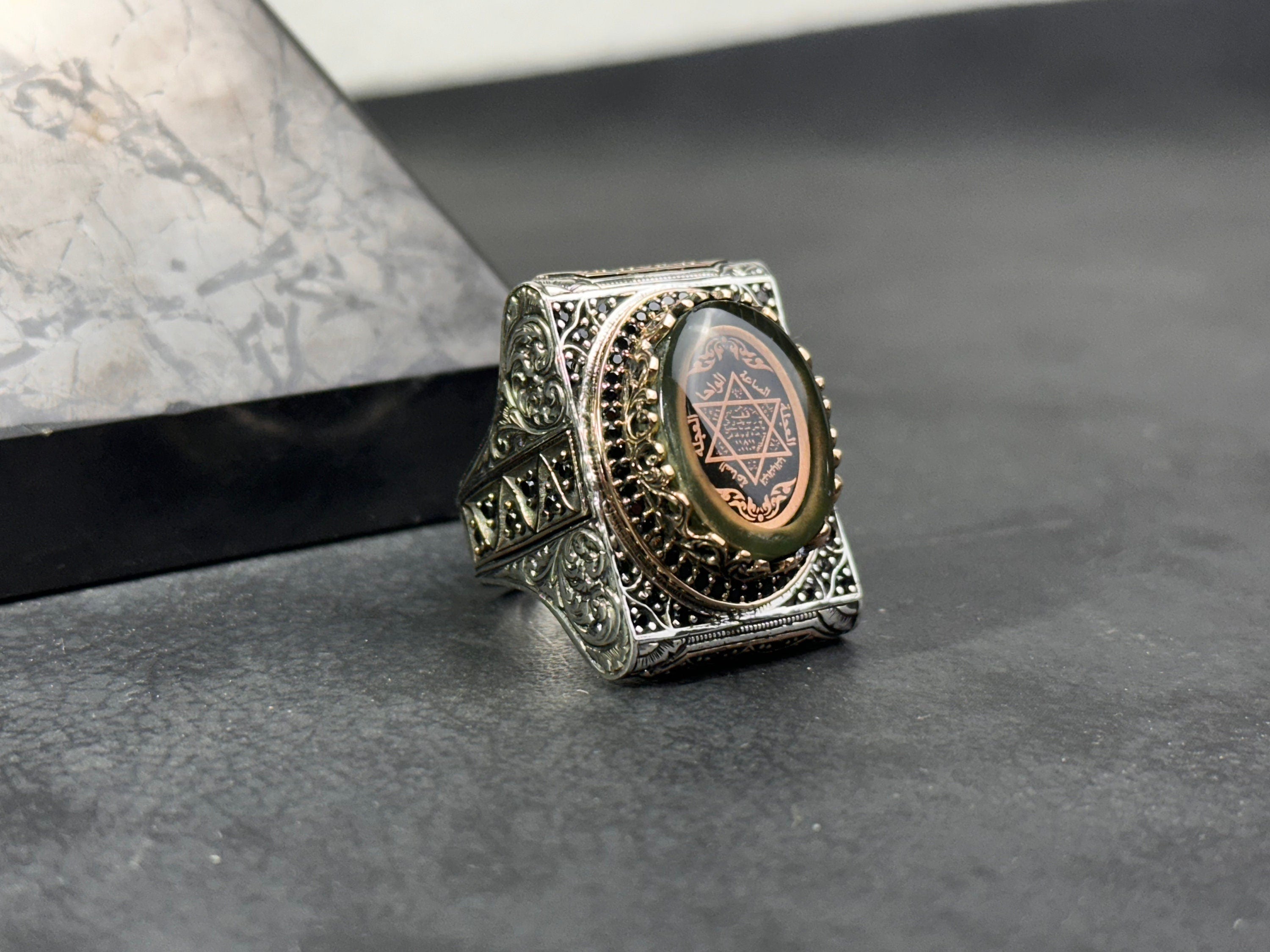 Solomon Seal Ring: Green Amber in Sterling Silver (Handmade Gift Box)