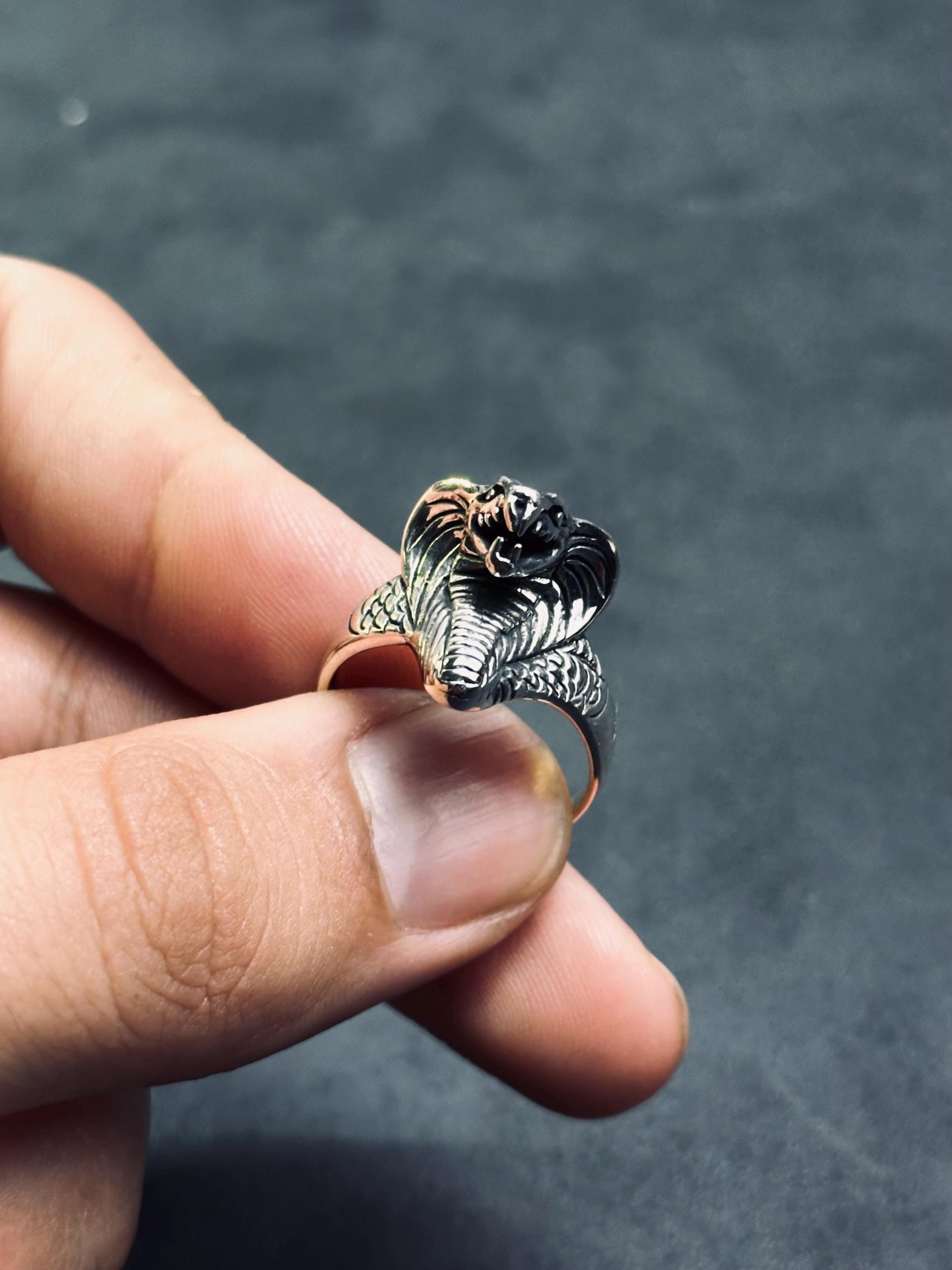Sterling Silver King Cobra Ring, Snake Head Design (Adjustable)