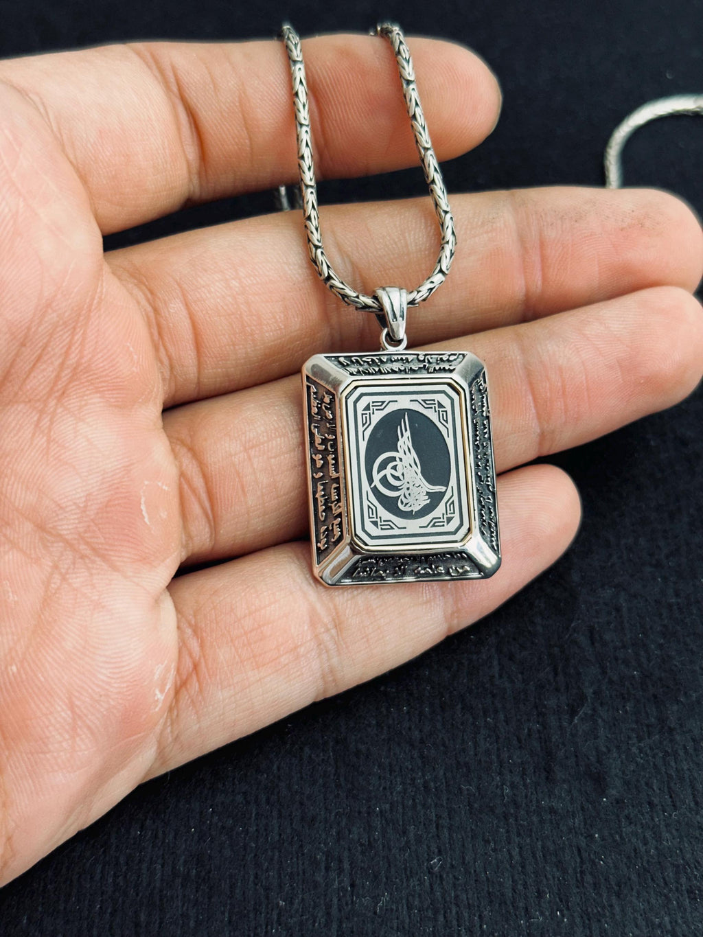 Square Ottoman Seal Necklace - Sterling Silver, Handmade Turkish Pendant