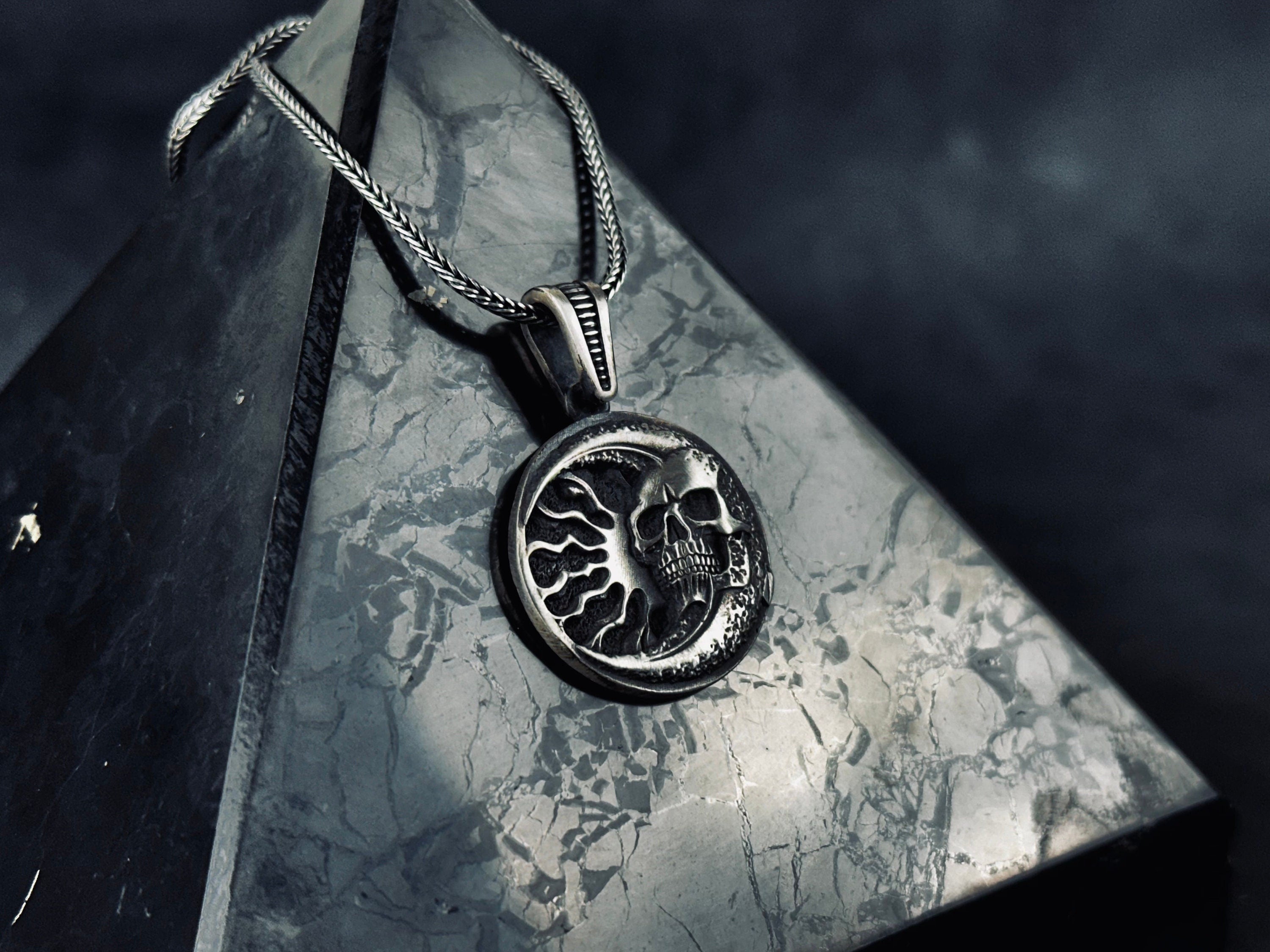 Silver Skull Moon Necklace: Gothic Jewelry (Pendant with Chain)