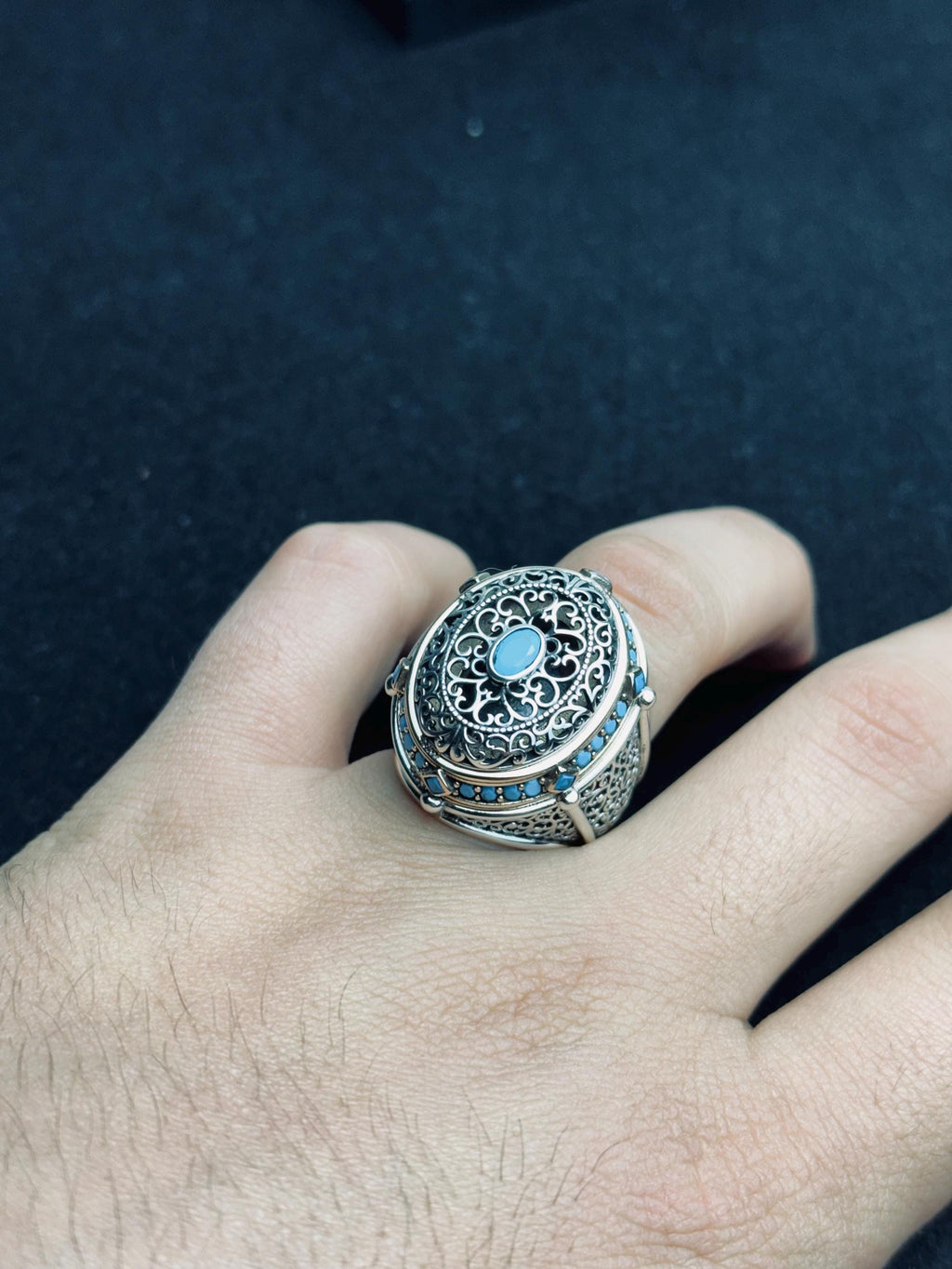 Turquoise Ring: Handmade Turkish Sterling Silver (Oval, Men's Size)