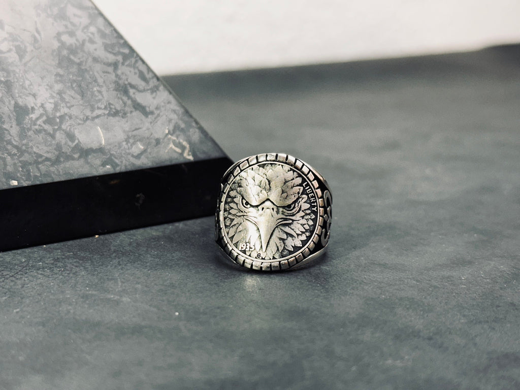Sterling Silver Eagle Ring, Handmade Bold Design (Men's Size)